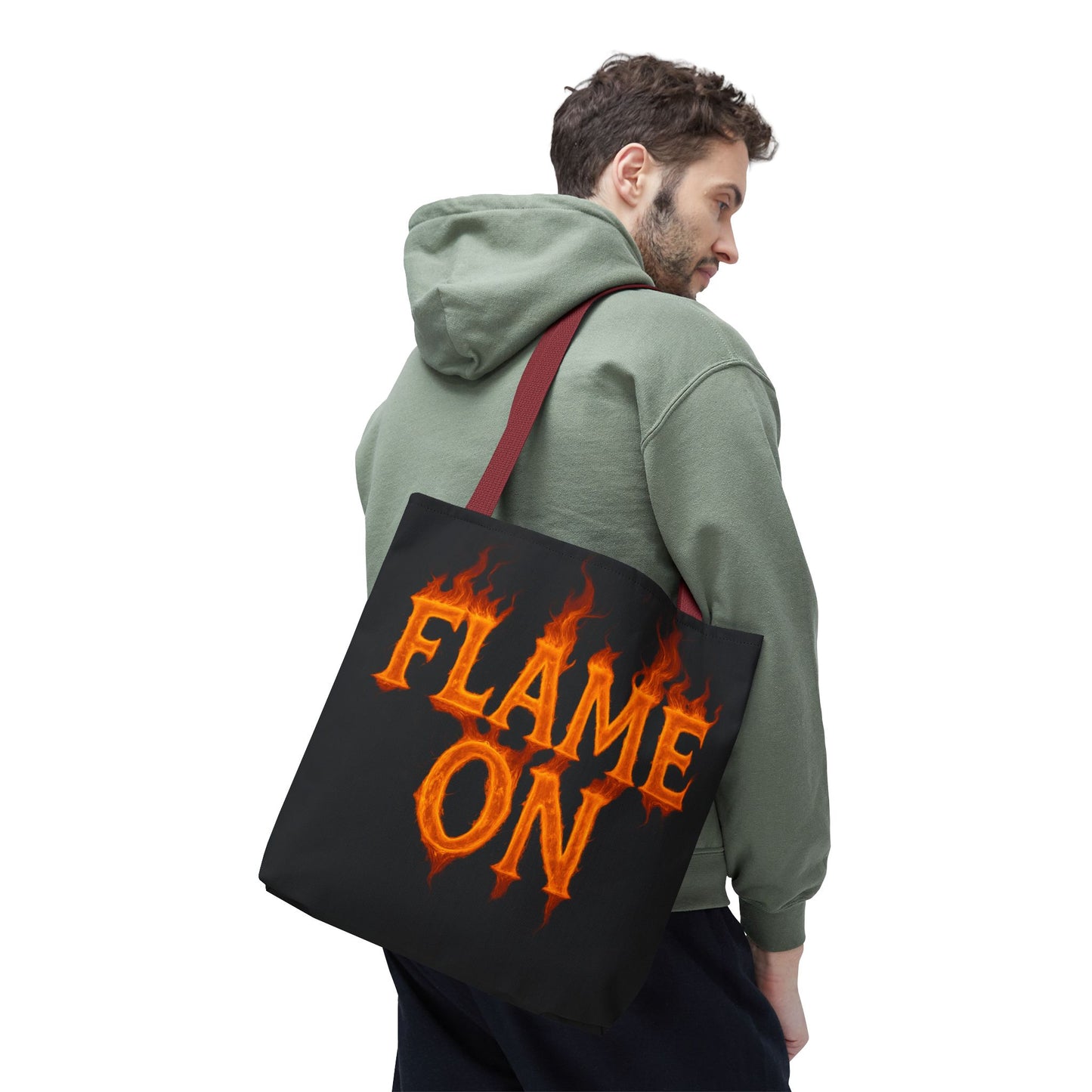Flame On Tote Bag - Fire Typography Black Bag for Book Lovers, Gym, or Groceries | Bold Comic-Inspired Catchphrase Tote
