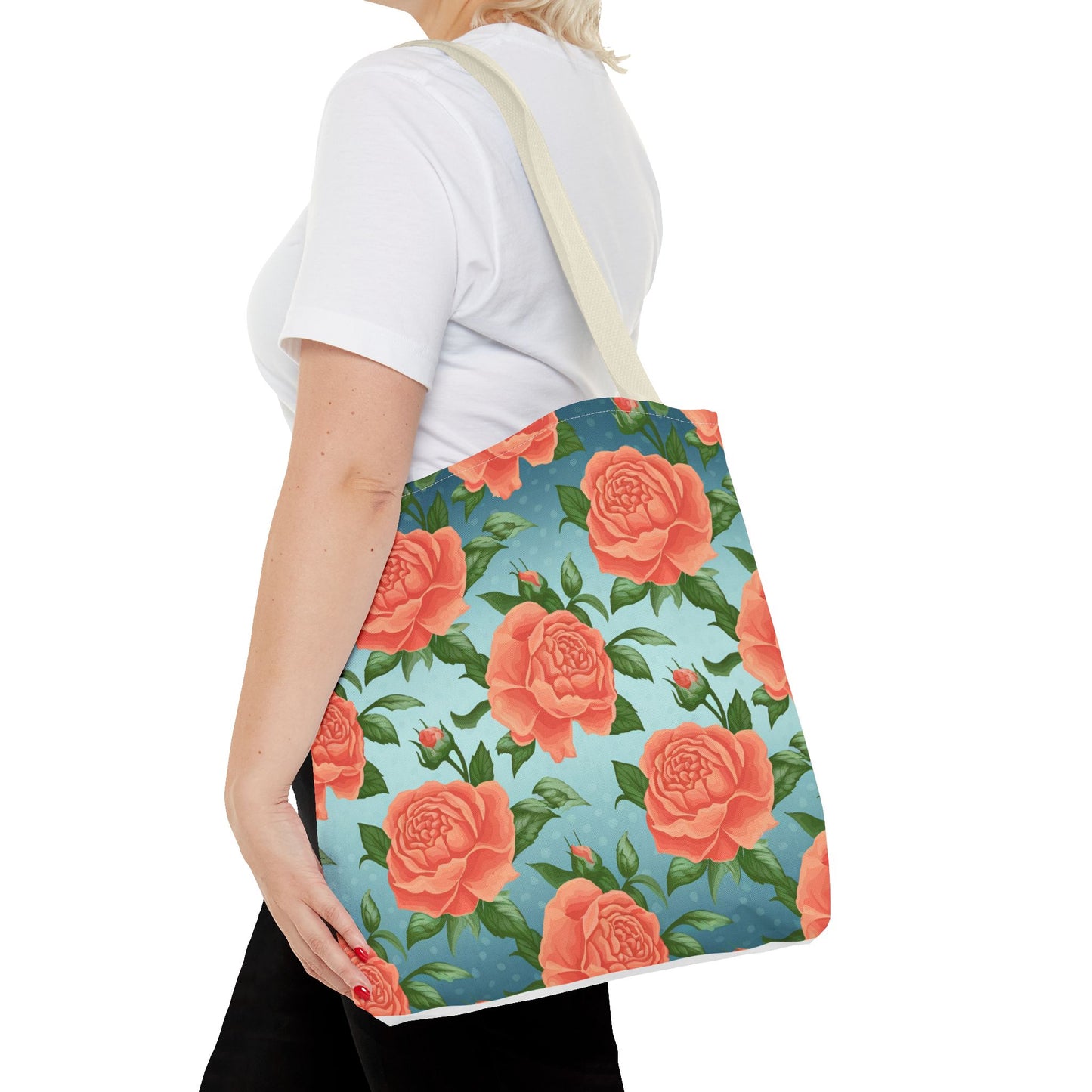 Vintage Floral Tote Bag – Coral Rose Pattern on Blue Background – Aesthetic Everyday Carry Bag – Reusable Fabric Market Tote Gift