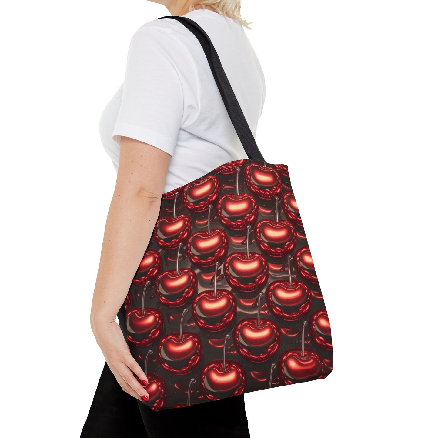 Glossy Cherry Pattern Canvas Tote Bag – Retro Black & Red Cherry Print, Coquette Cottagecore Aesthetic Shopper Tote, Fruit Lover Gift
