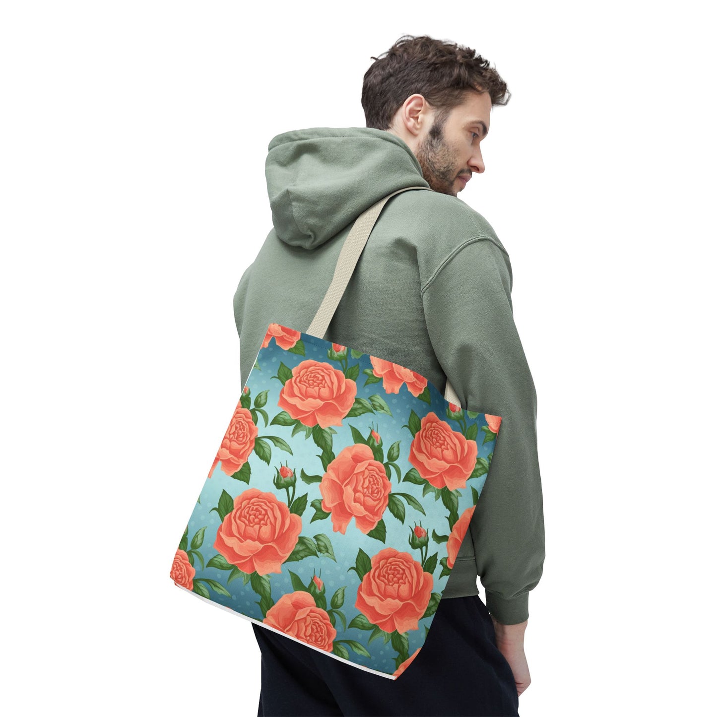 Vintage Floral Tote Bag – Coral Rose Pattern on Blue Background – Aesthetic Everyday Carry Bag – Reusable Fabric Market Tote Gift
