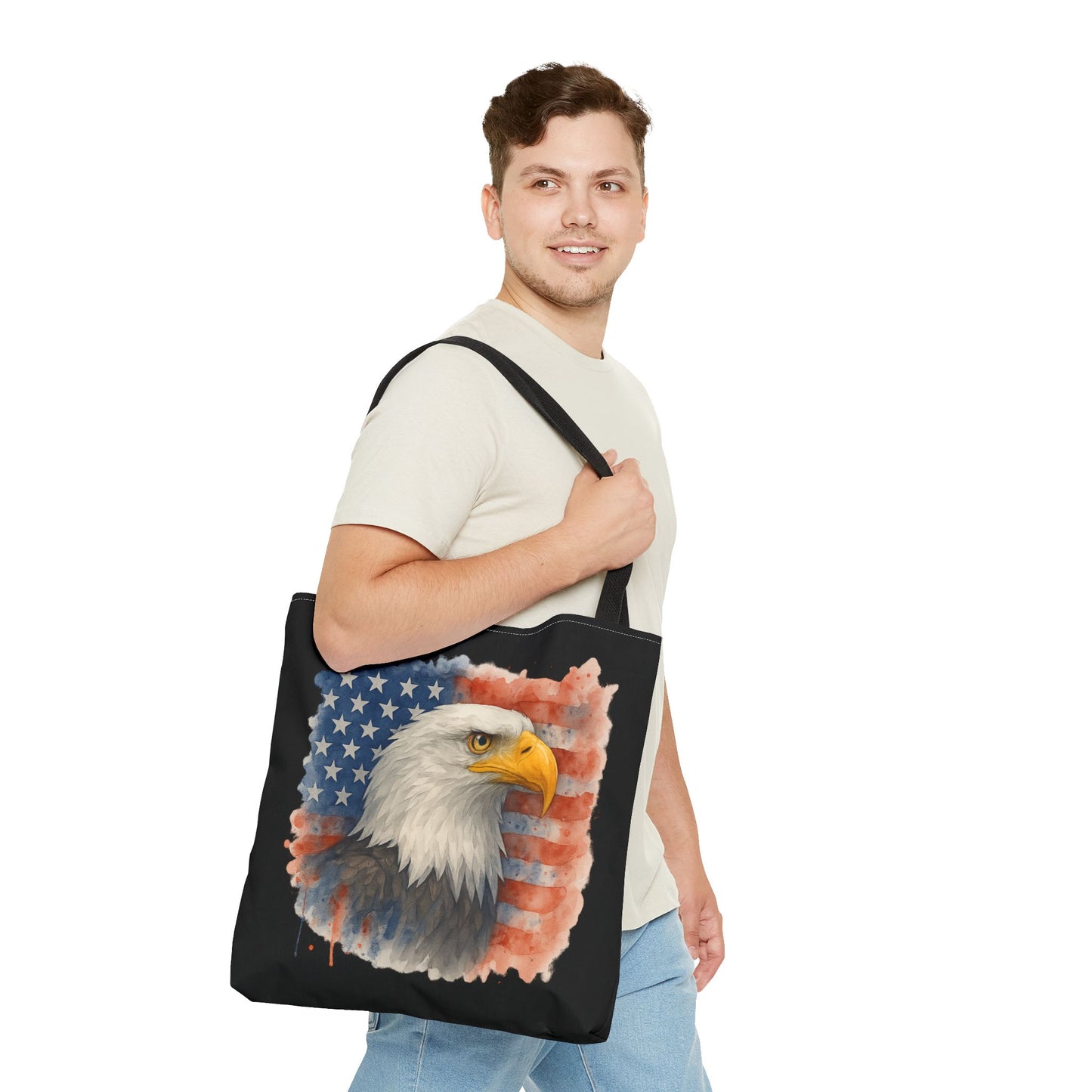 Patriotic Tote Bag with American Flag and Bald Eagle Watercolor Print 4th of July Bag Memorial Day Tote Veteran's Day Tote Bag