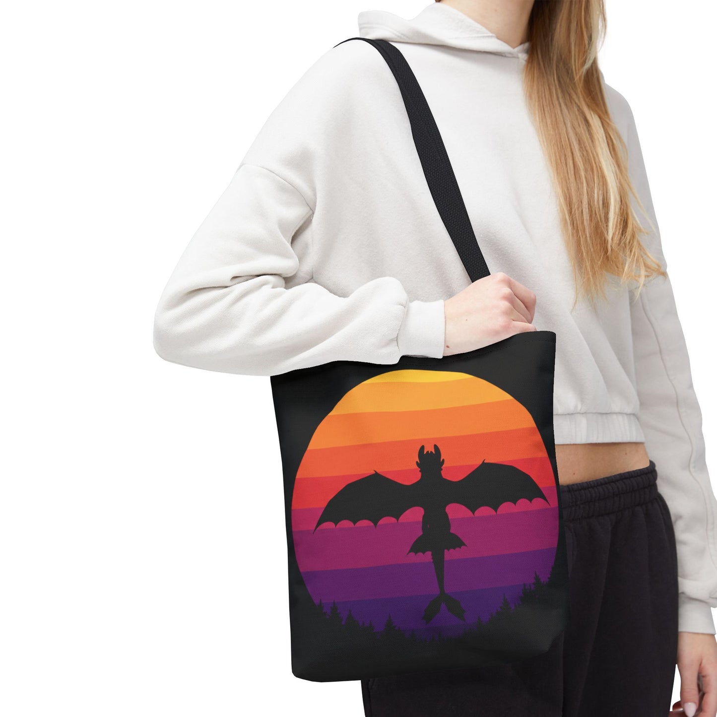 Sunset Dragon Flight Tote Bag, Reusable Eco-Friendly Shoulder Bag With Silhouette Design, Aesthetic Black Tote For Everyday Use And Gifts