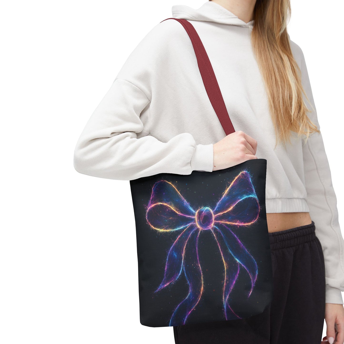 Galaxy Glow Bow Tote Bag, Cosmic Neon Ribbon Design, Black Space Art Bag, Celestial Gift For Her, Stylish Reusable Everyday Tote