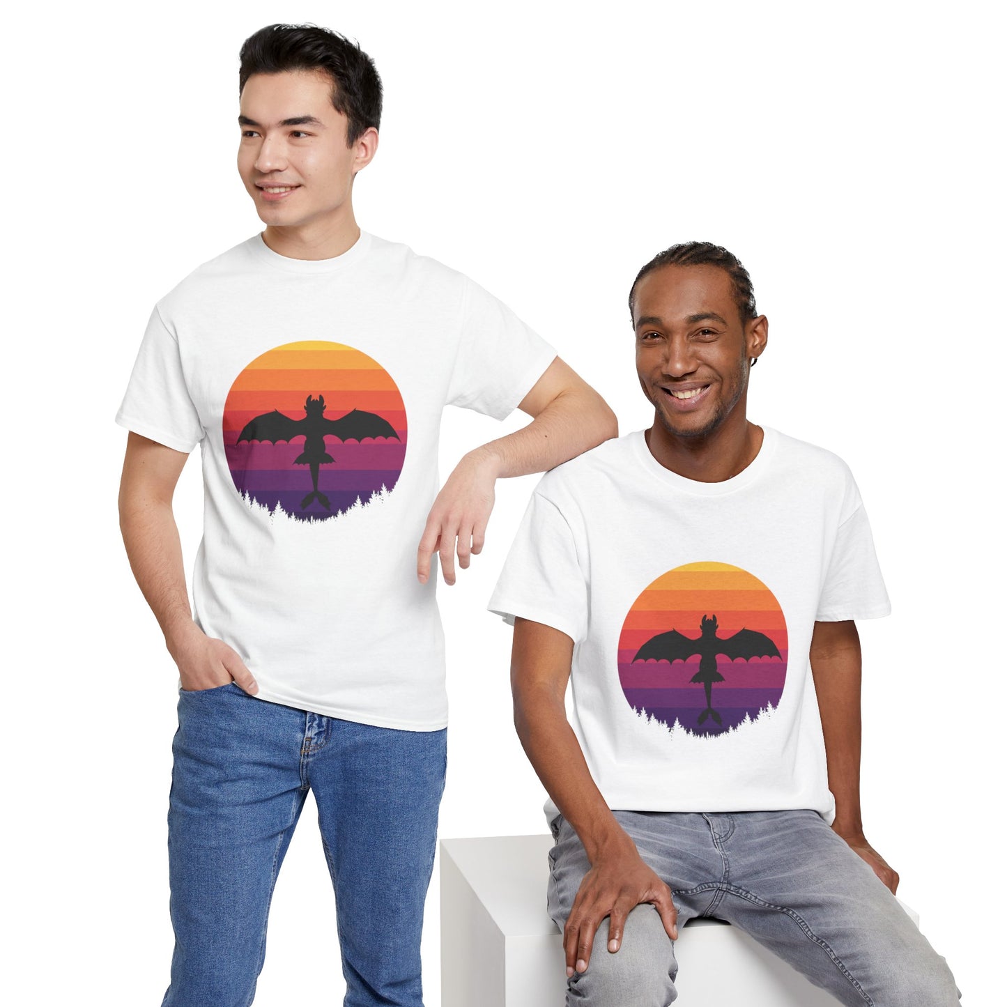 Night Dragon Sunset T-Shirt | Retro Dragon Silhouette Tee | Fantasy Dragon Shirt | Unisex Graphic Tee | Gift for Dragon Lovers