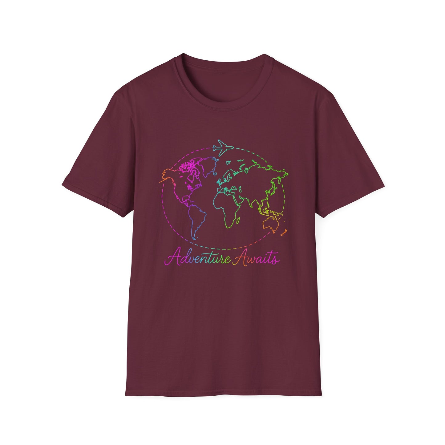 Adventure Awaits Neon Y2K Shirt - Retro Travel Tee, Rainbow Globe Graphic, Aesthetic Vacation Top, Y2K Gift for Travelers