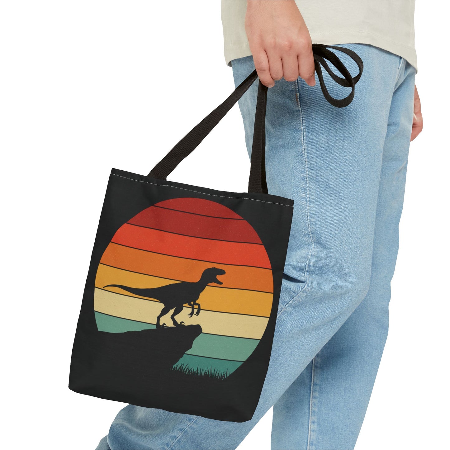 Retro Dino Sunset Tote Bag - Eco Canvas Dinosaur Beach Bag | Sustainable and Stylish Camping, Dino Lover Gift, Reusable Market Tote