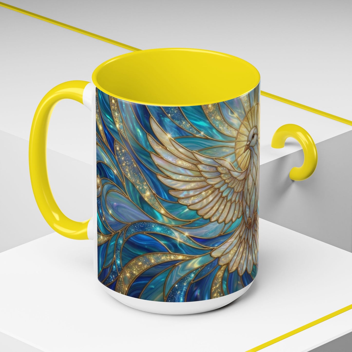 Stained Glass Dove Mug, Peace Dove Coffee Mug, Holy Spirit Dove Cup, Christian Gift Mug, Spiritual Art Mug, Faith Inspired Coffee Cup