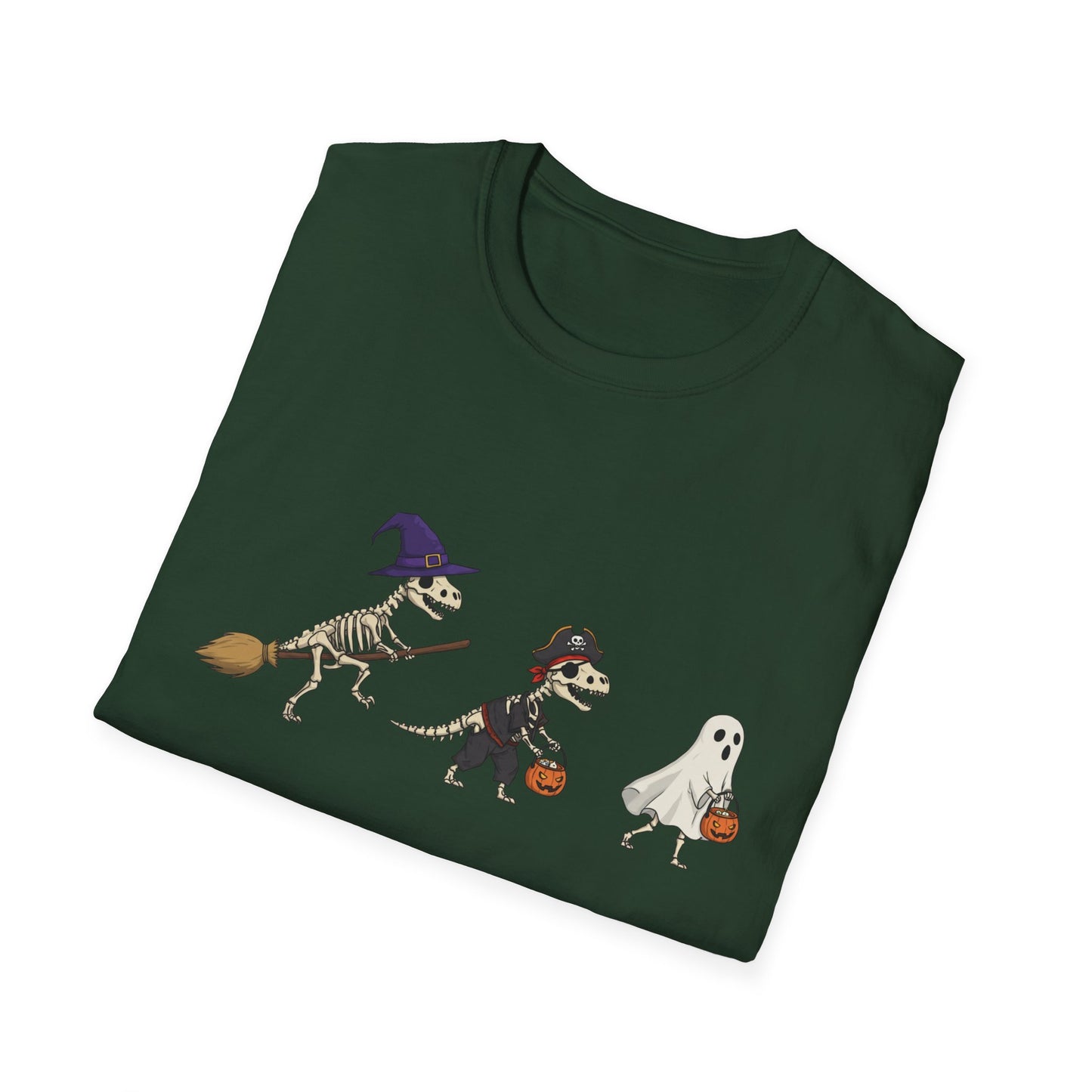 Halloween Dinosaur Skeleton Shirt - Trick-or-Treat Dino Tee, Funny T-Rex Ghost and Witch Costume Shirt, Spooky Cute Skeleton Tee, Unisex