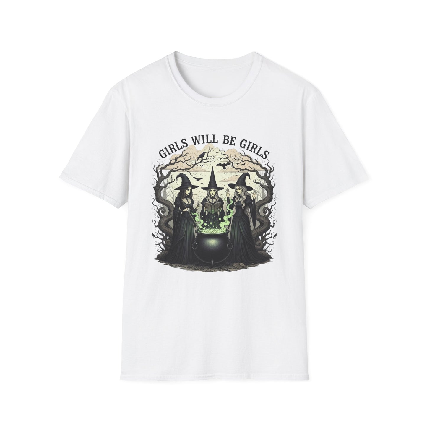 Girls Will Be Girls Witch Tee - Witches Brewing Cauldron Shirt - Halloween Witchy Vintage Feminist Spooky Gift for Women