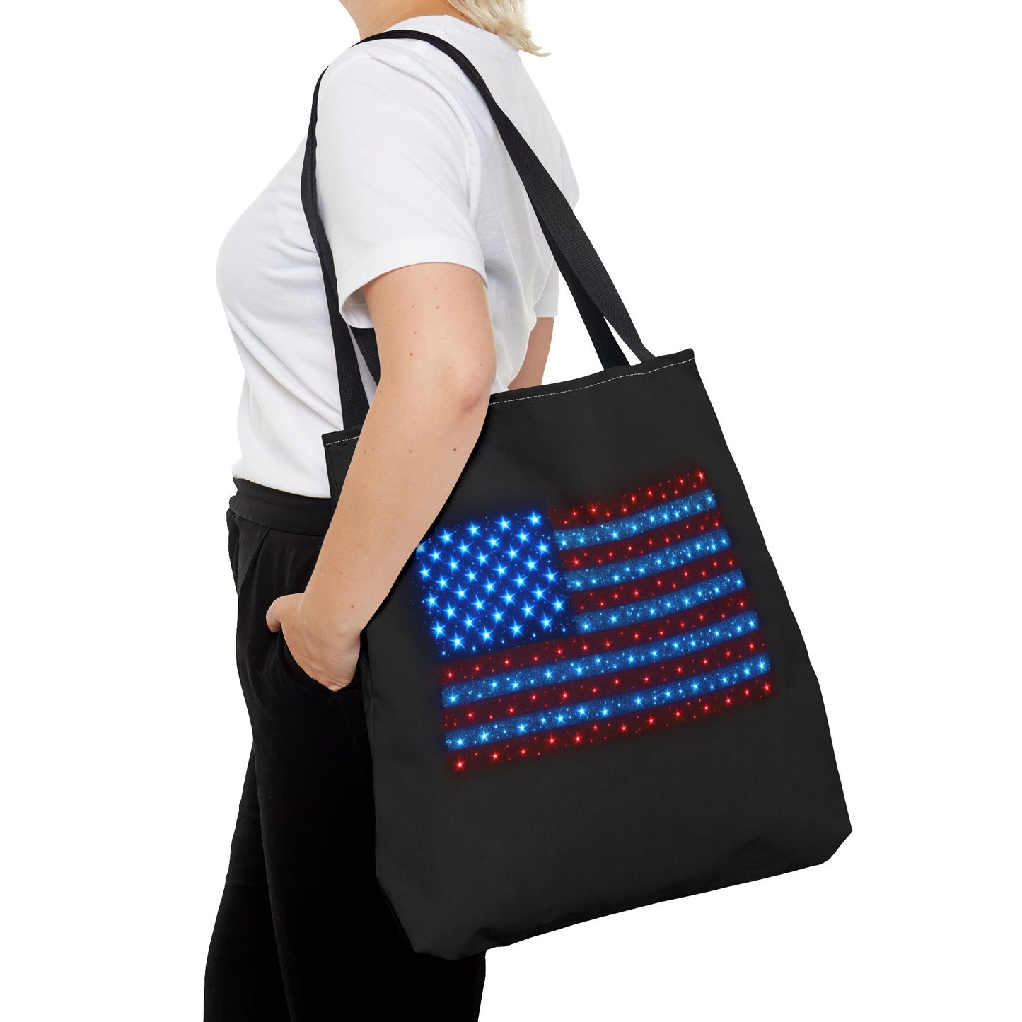 Galaxy Bioluminescent USA Flag Tote Bag - Patriotic Cosmic Canvas Shopper - Starry Red White Blue Tote Non-Glow - 4th July Gift