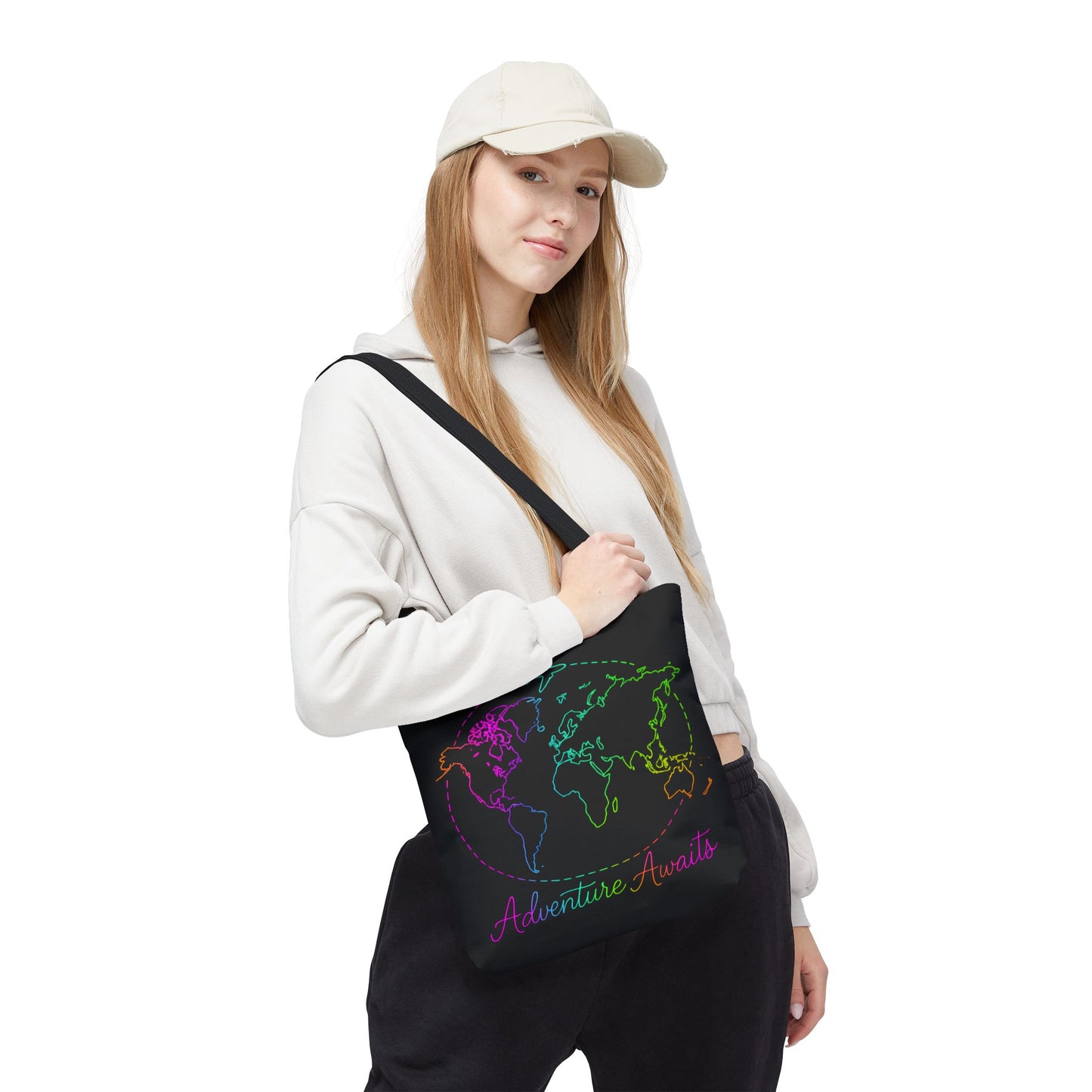 Adventure Awaits Neon Tote Bag - Y2K Rainbow World Map and Plane Travel Tote, Reusable Canvas Tote for Airport, Beach, Market + Gift