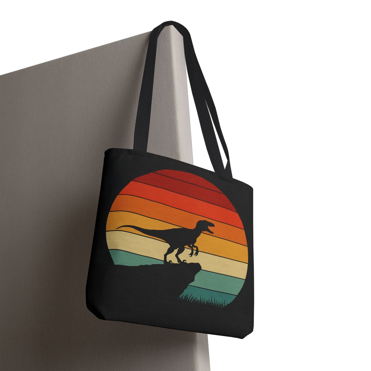 Retro Dino Sunset Tote Bag - Eco Canvas Dinosaur Beach Bag | Sustainable and Stylish Camping, Dino Lover Gift, Reusable Market Tote