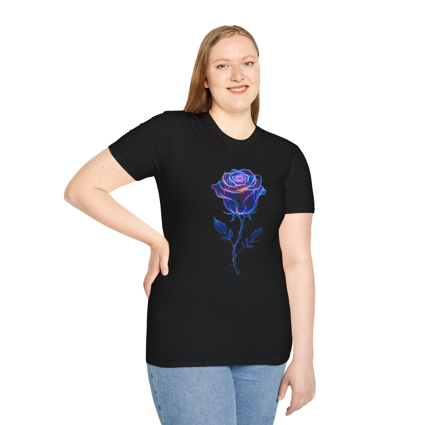 neon rose t-shirt, glowing rose tee, floral graphic shirt, neon flower design, botanical t-shirt, glow aesthetic top, trendy rose apparel