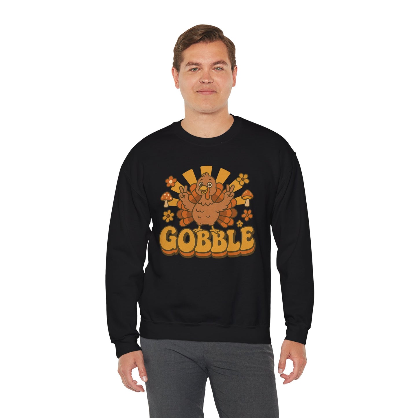 Gobble Turkey Sweatshirt, Retro Fall Turkey Crewneck, Thanksgiving Graphic Pullover, Autumn Mushroom & Flower Design, Cozy Fall Top