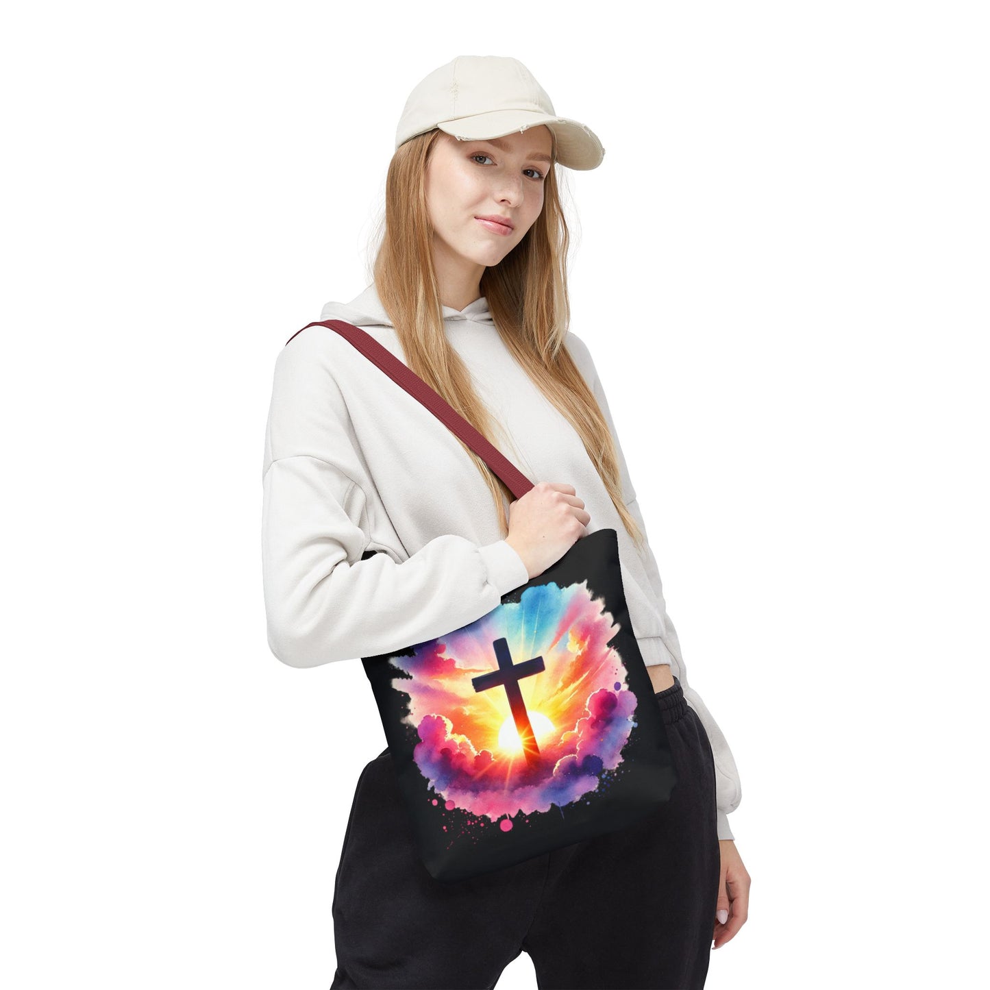 Inspirational Watercolor Sunrise Cross Tote Bag – Faith Art Canvas Tote, Christian Gift, Spiritual Aesthetic, Colorful Bible Verse Tote – Reusable Black Tote