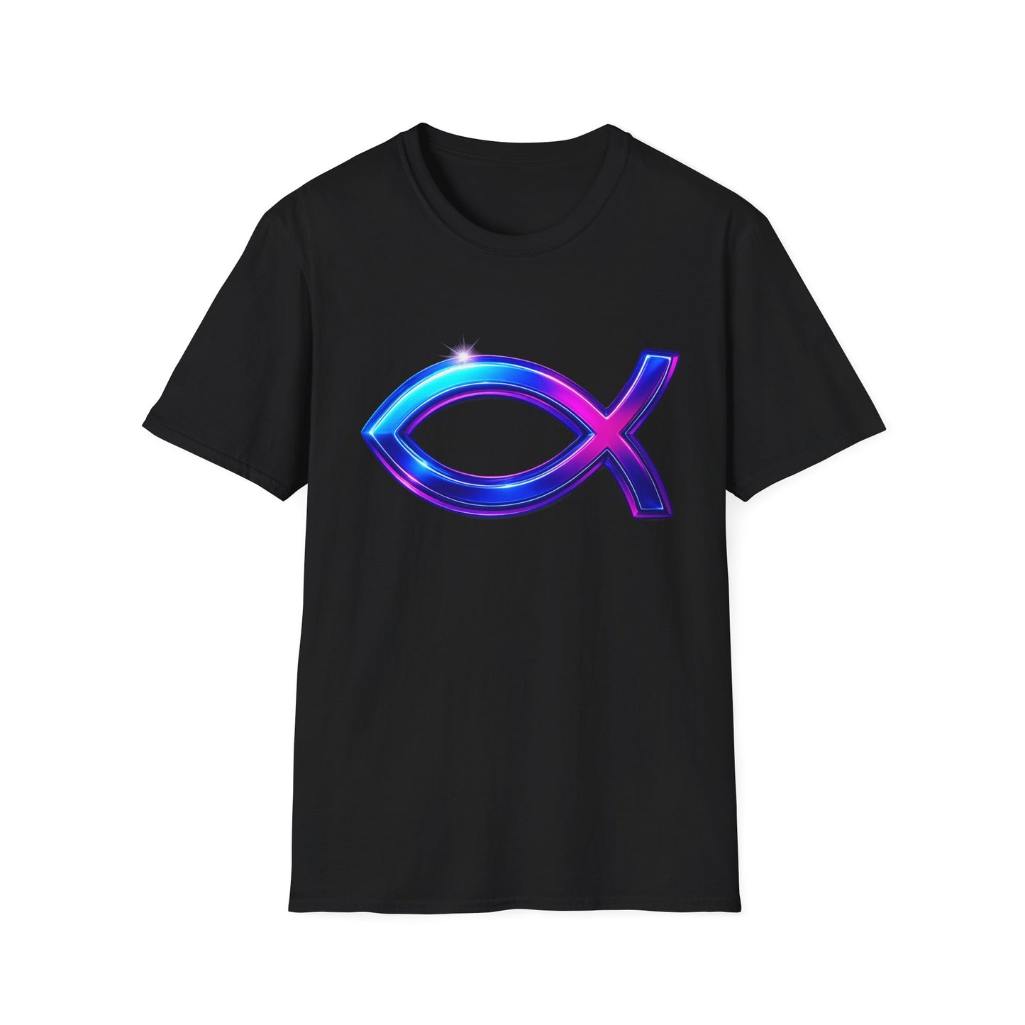 Neon Christian Fish T-Shirt, Modern Faith Tee, Ichthys Jesus Shirt, Spiritual Gift For Men And Women, Glow Cross Symbol Graphic Tee