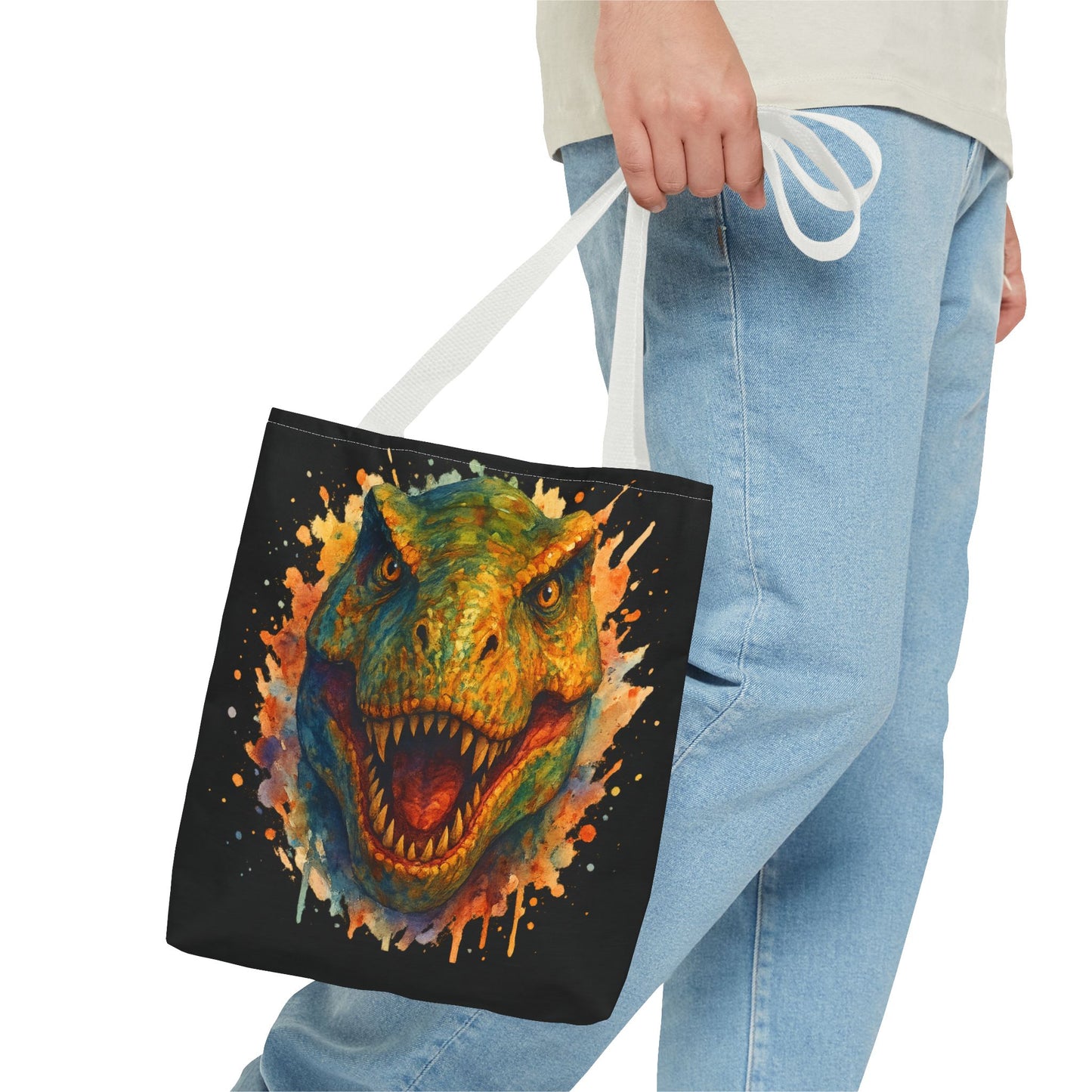 T-Rex Watercolor Tote Bag - 100% Polyester Canvas, Vibrant Dinosaur Art Bag, Reusable Beach-Market Tote, Dino Lover Gift, Bold Style