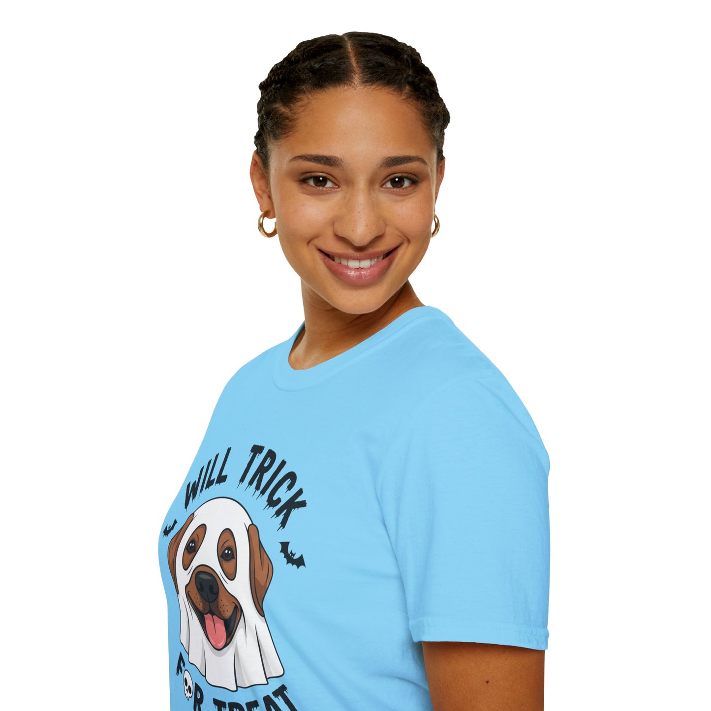 Will Trick for Treat Ghost Dog Halloween T-Shirt | Funny Spooky Dog Tee | Trick or Treat Pup Graphic Tee | Cute Fall Gift for Dog Lovers