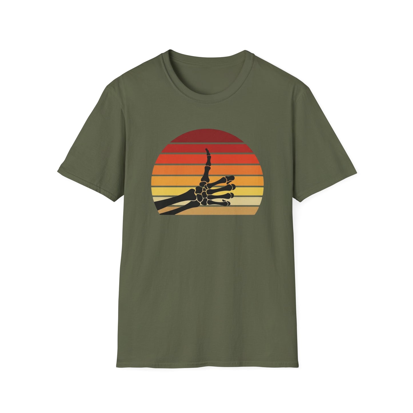 Skeleton Hand Rock On Shirt - Retro Sunset Halloween T-Shirt, Spooky Skeleton Finger Tee, Vintage 70s Style Goth Shirt, Unisex Sizes