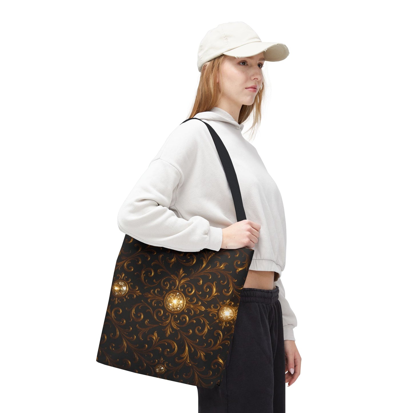 Elegant Baroque Tote Bag - Black and Gold Ornate Design Purse, Reusable Stylish Shoulder Bag for Women, Vintage Luxe Aesthetic Gift
