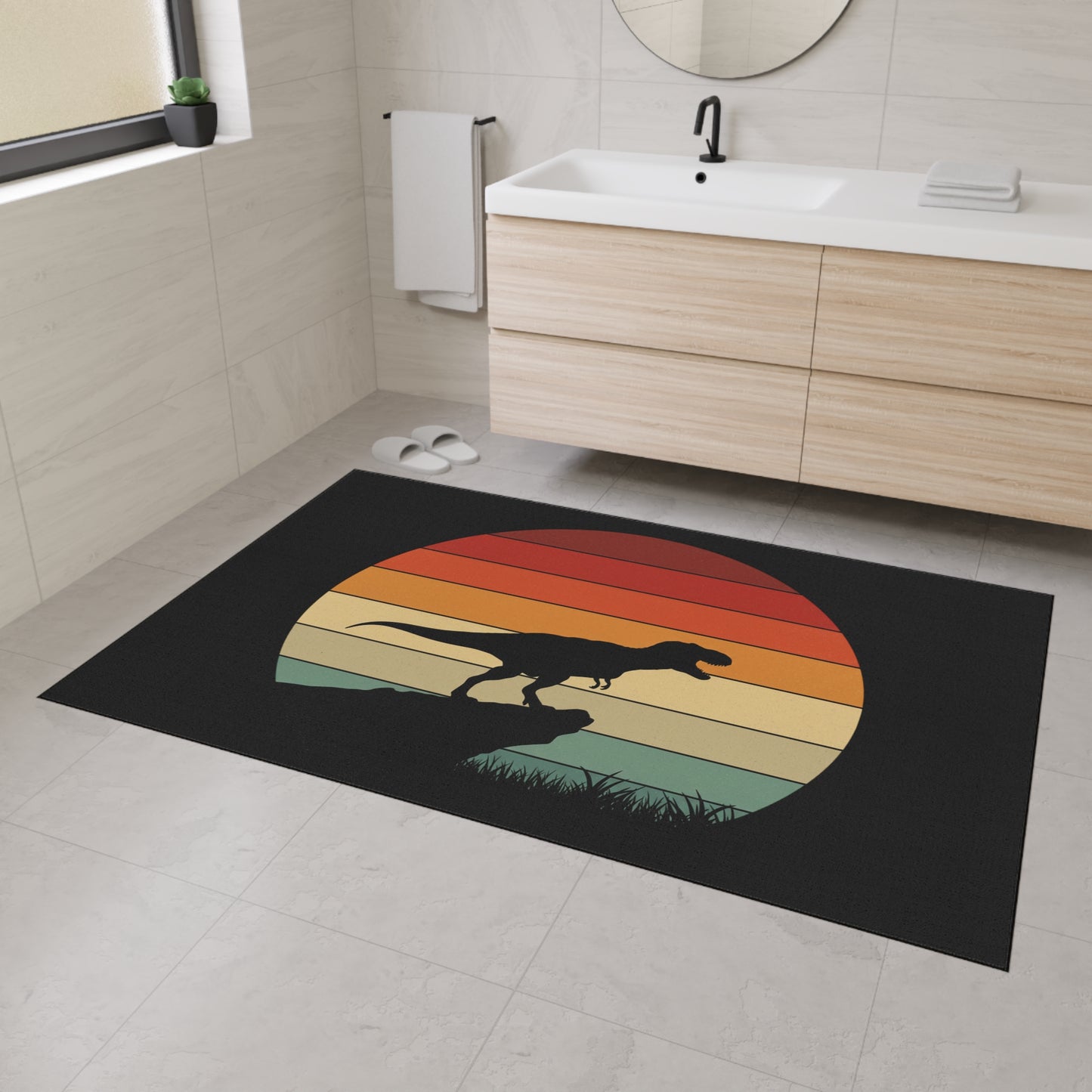 Retro T-Rex Sunset Floor Mat | Heavy Duty Playroom Rug - Non-Slip Dinosaur Entrance Mat for Kids Room, Home, Nursery Decor