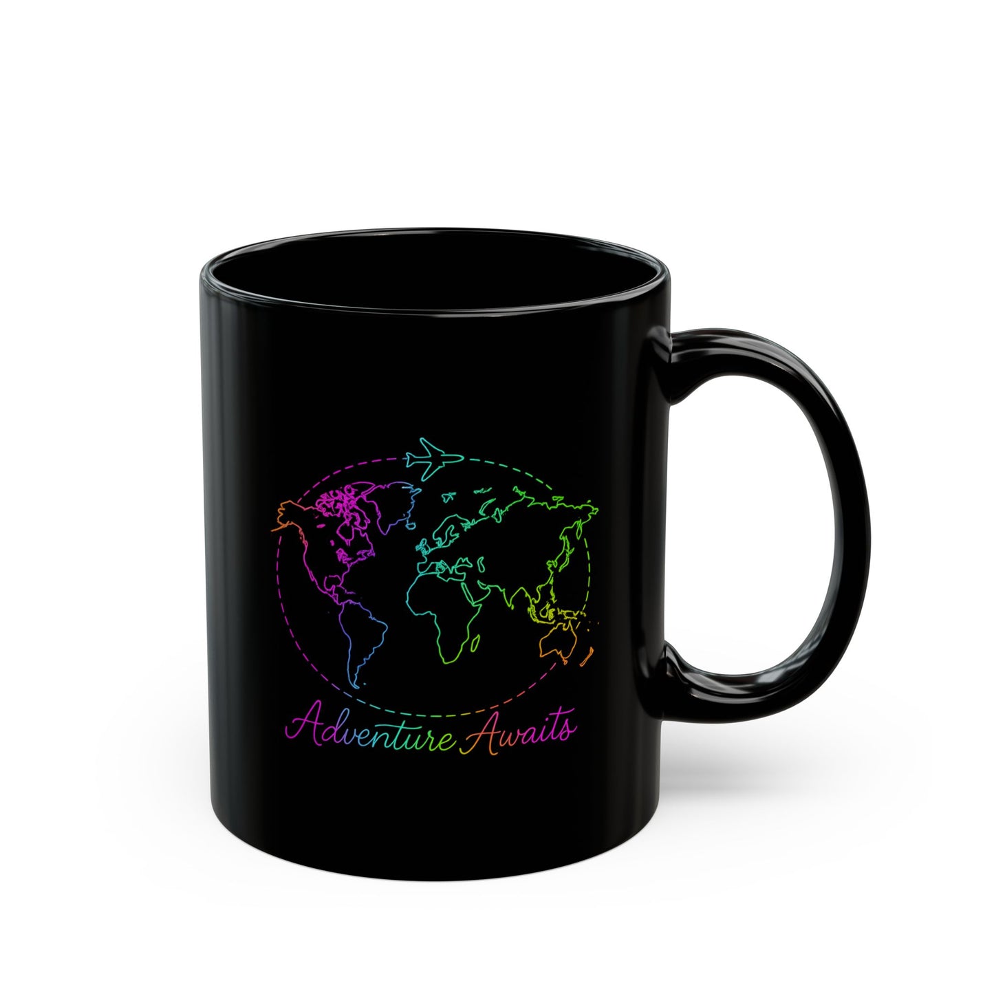 Adventure Awaits Neon Line Mug - Y2K Travel Coffee Cup - Rainbow World Map, Plane Design Ceramic Gift for Wanderlusters