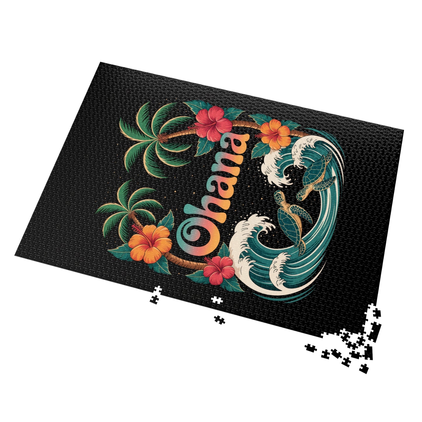 Ohana Jigsaw Puzzle - Retro Hawaiian Sea Turtle & Palm Tree Puzzle for Family Fun, Gift, or Decor - Tropical Beach Aesthetic Puzzle