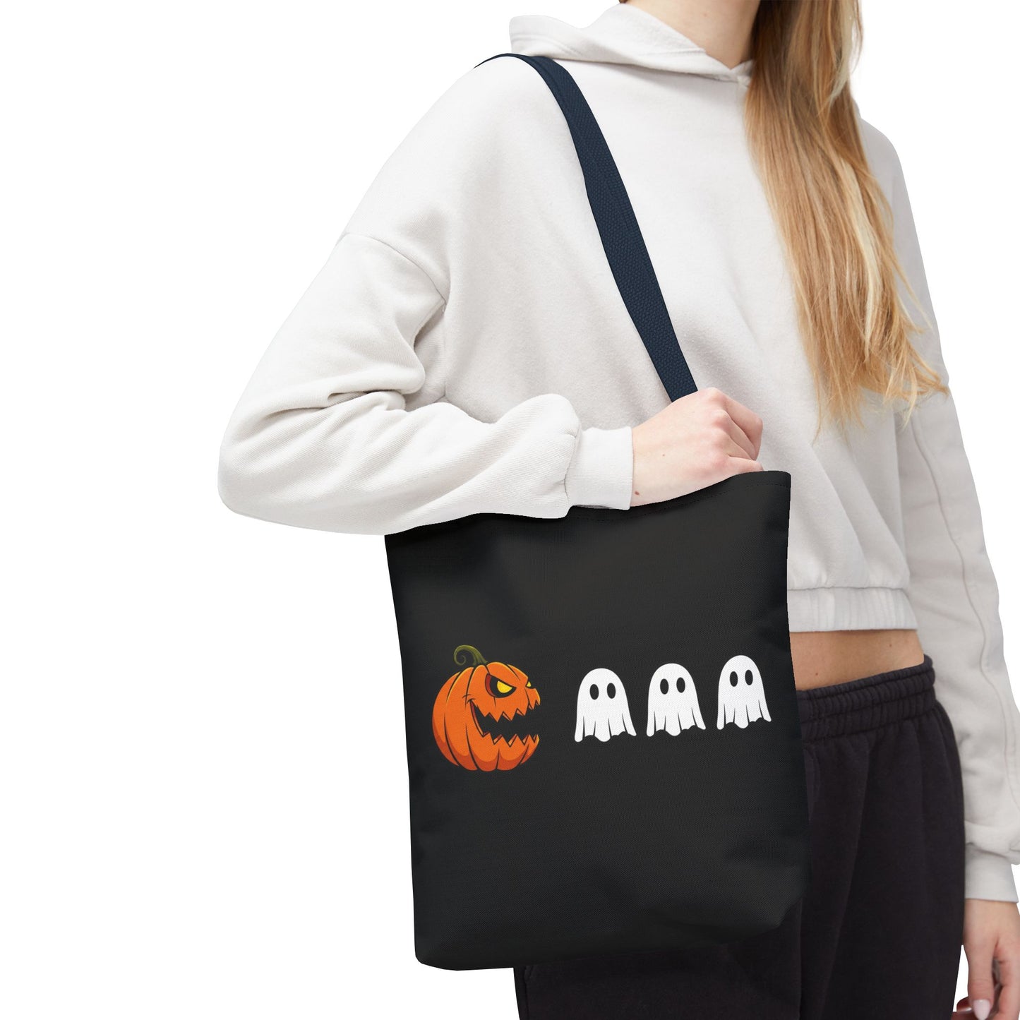 Halloween pumpkin ghost tote bag, spooky trick or treat canvas bag, ghost pumpkin design reusable tote, spooky season gift tote