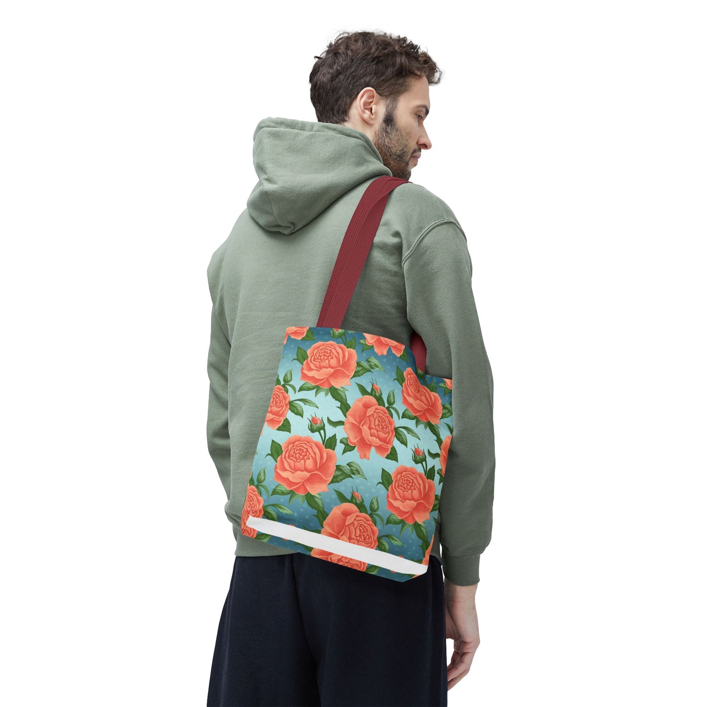 Vintage Floral Tote Bag – Coral Rose Pattern on Blue Background – Aesthetic Everyday Carry Bag – Reusable Fabric Market Tote Gift