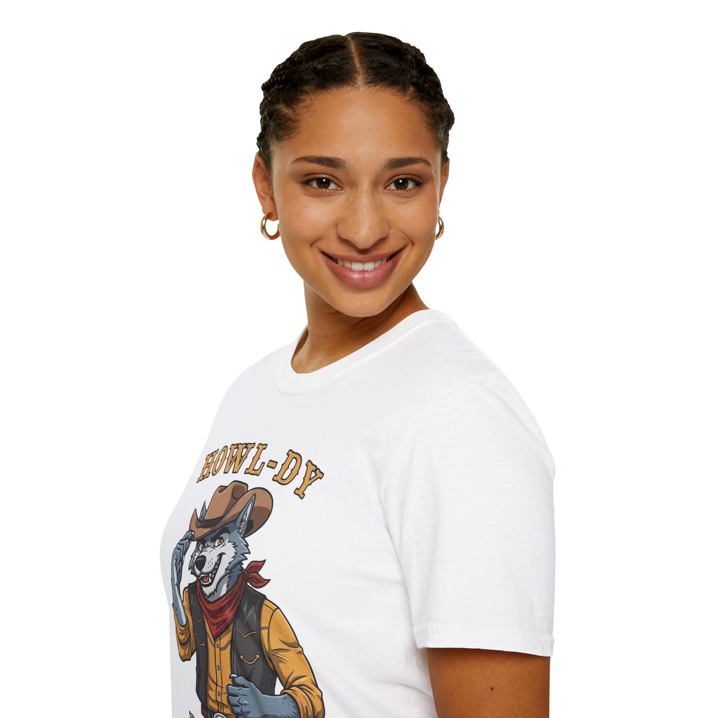 Howl-dy Partner Wolf Cowboy T-Shirt | Western Howling Wolf Graphic Tee, Funny Animal Shirt, Cowboy Gifts, Rustic Country Tee