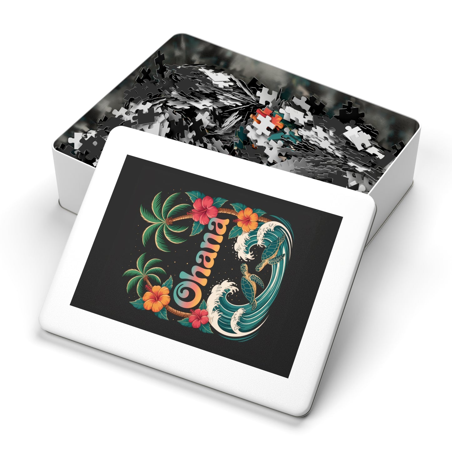 Ohana Jigsaw Puzzle - Retro Hawaiian Sea Turtle & Palm Tree Puzzle for Family Fun, Gift, or Decor - Tropical Beach Aesthetic Puzzle