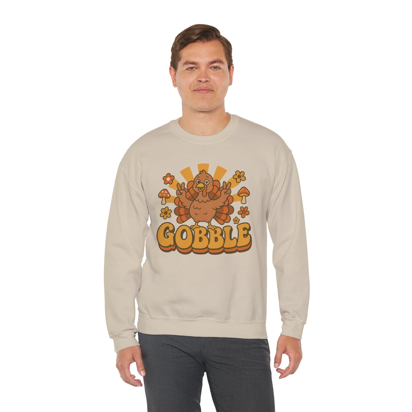 Gobble Turkey Sweatshirt, Retro Fall Turkey Crewneck, Thanksgiving Graphic Pullover, Autumn Mushroom & Flower Design, Cozy Fall Top