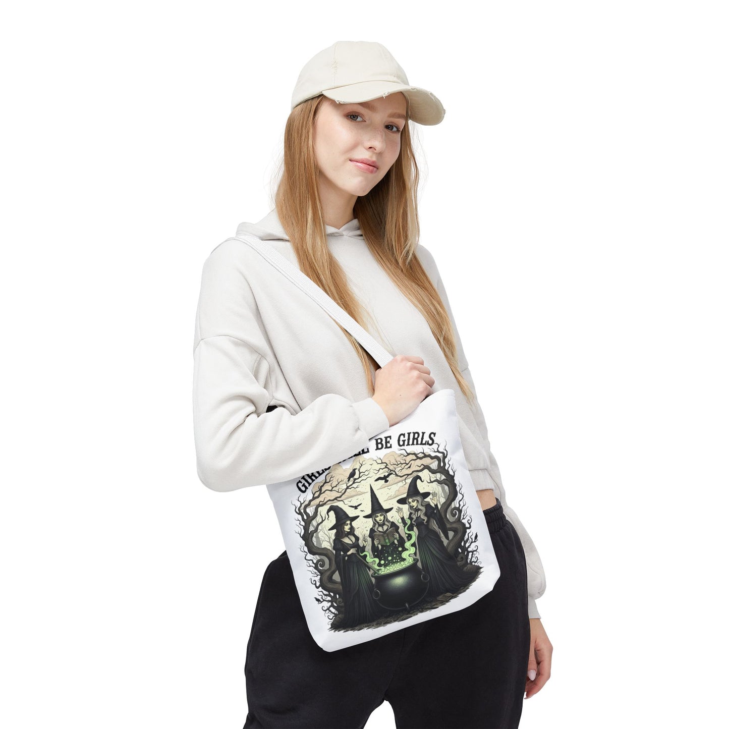 Girls Will Be Girls Halloween Tote Bag, Witchy Aesthetic Bag, Gothic Witches Cauldron Art, Spooky Gift, Reusable Eco Tote For Halloween Lovers