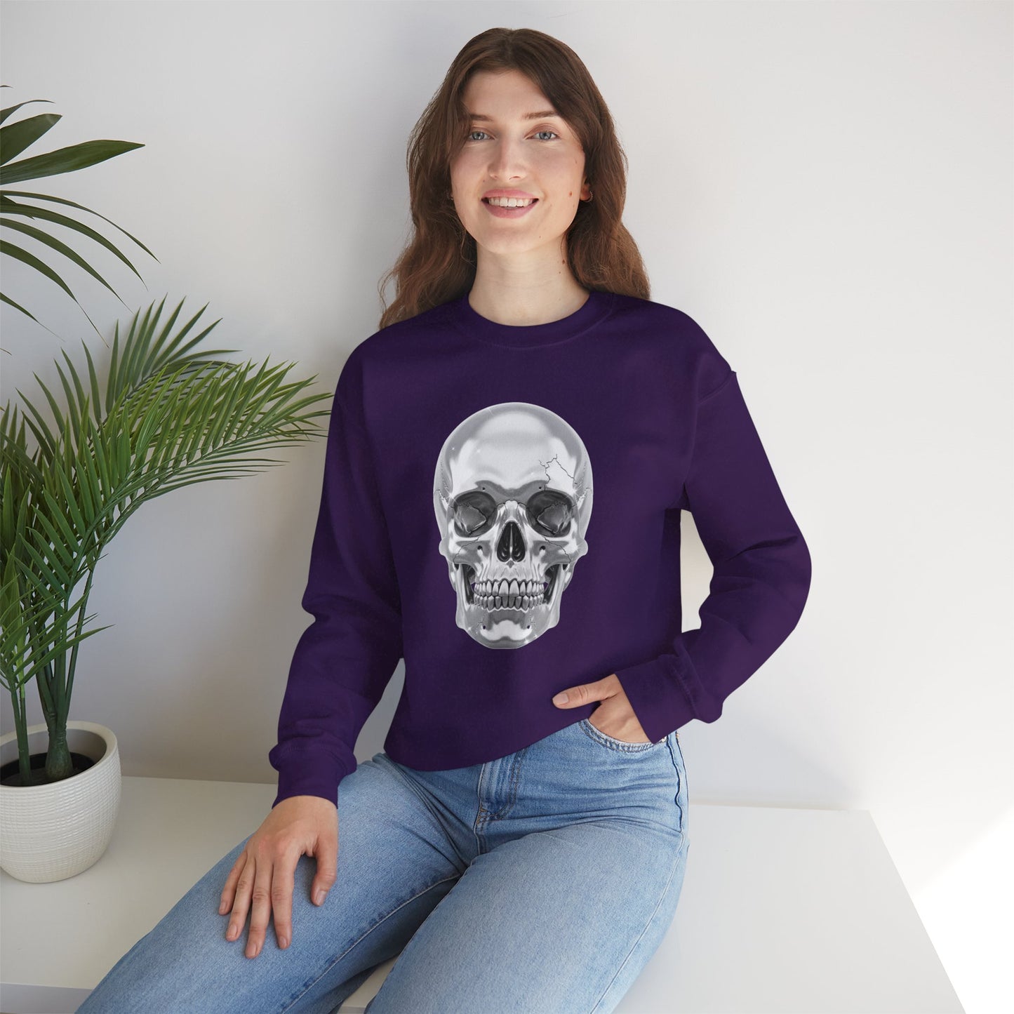 Silver Skull Sweatshirt, Gothic Skull Crewneck, Retro Skull Sweatshirt, Vintage Skull Graphic, Halloween Rock Pullover