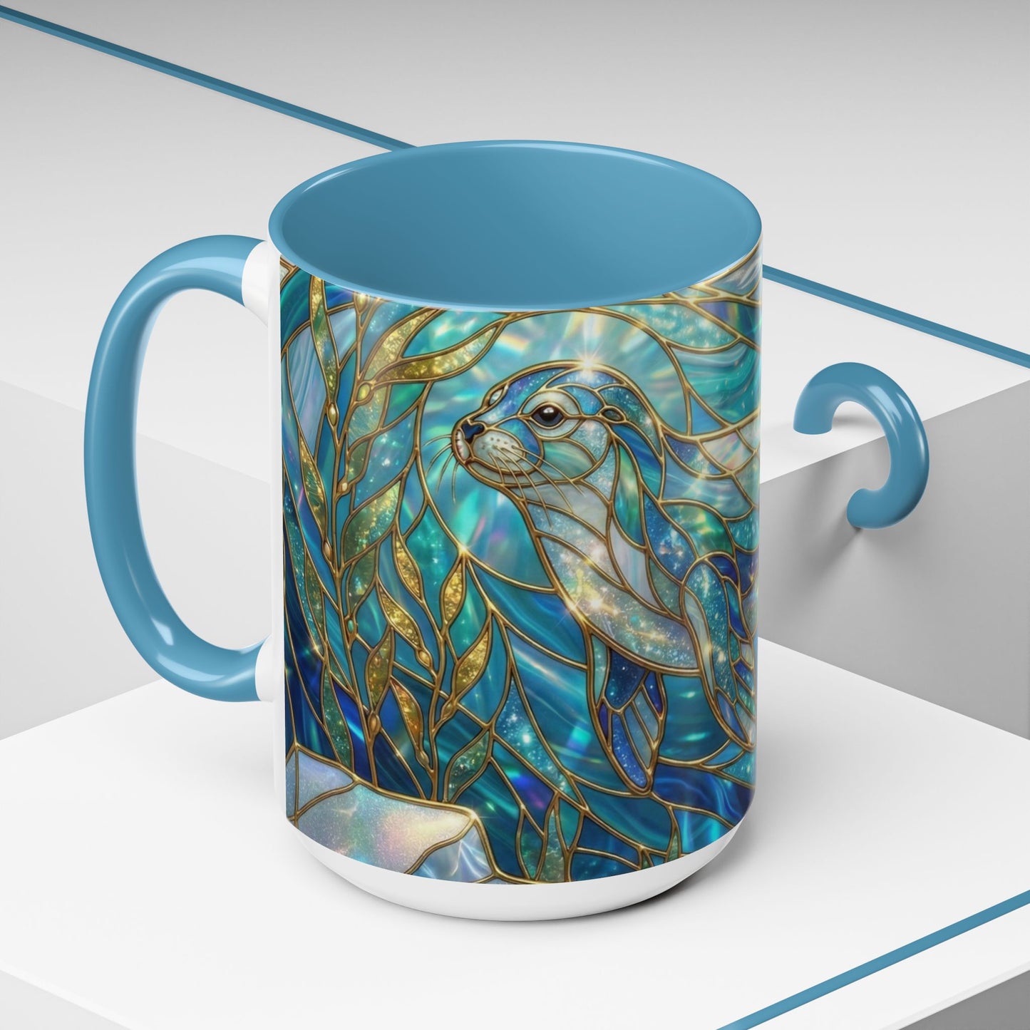Seal Coffee Mug, Stained Glass Seal Mug, Cute Marine Animal Art Mug, Ocean Lover Gift, Unique Ceramic Coffee Cup, 11oz 15oz Coastal Mug