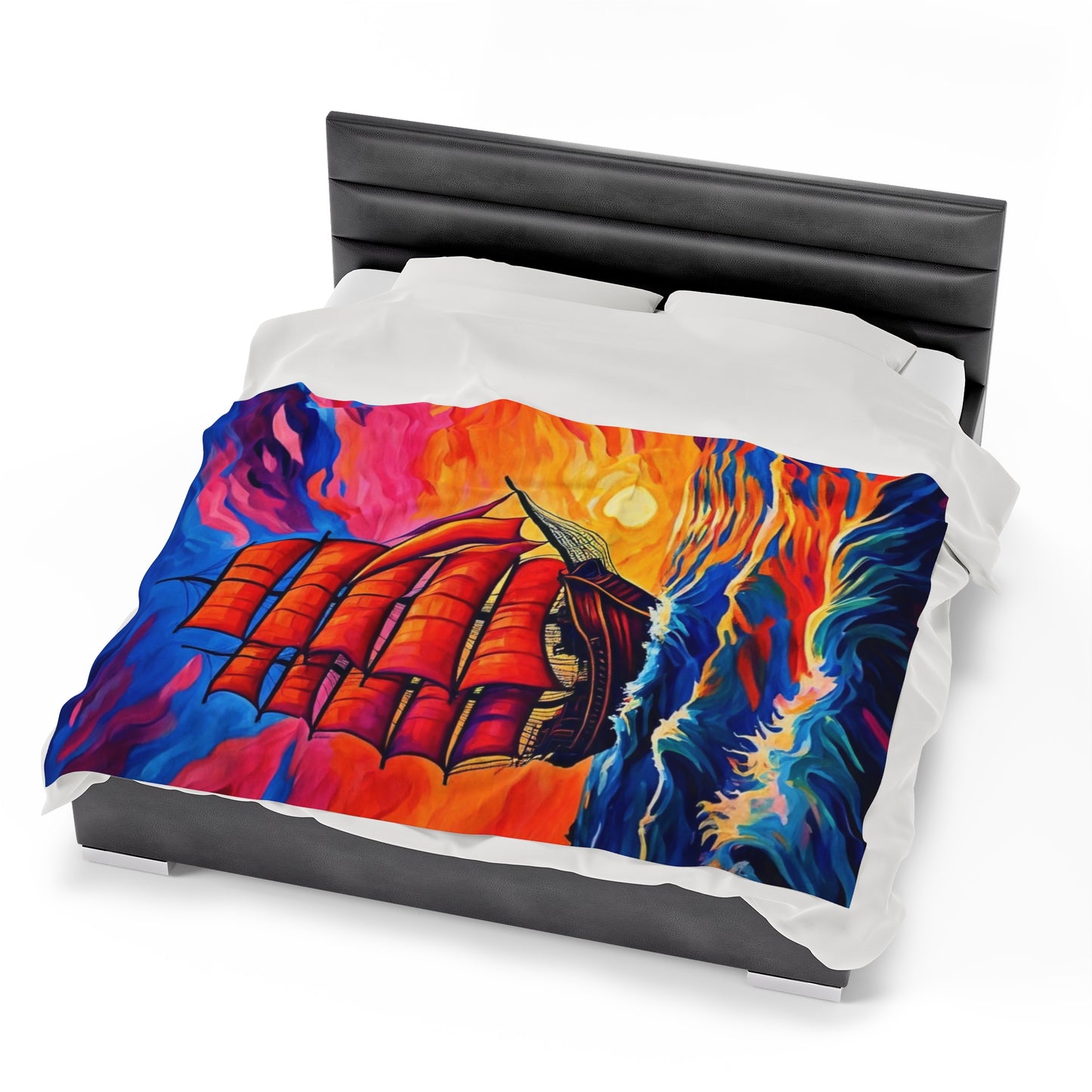 Plush Blanket - Sunset Ship Painting Design
