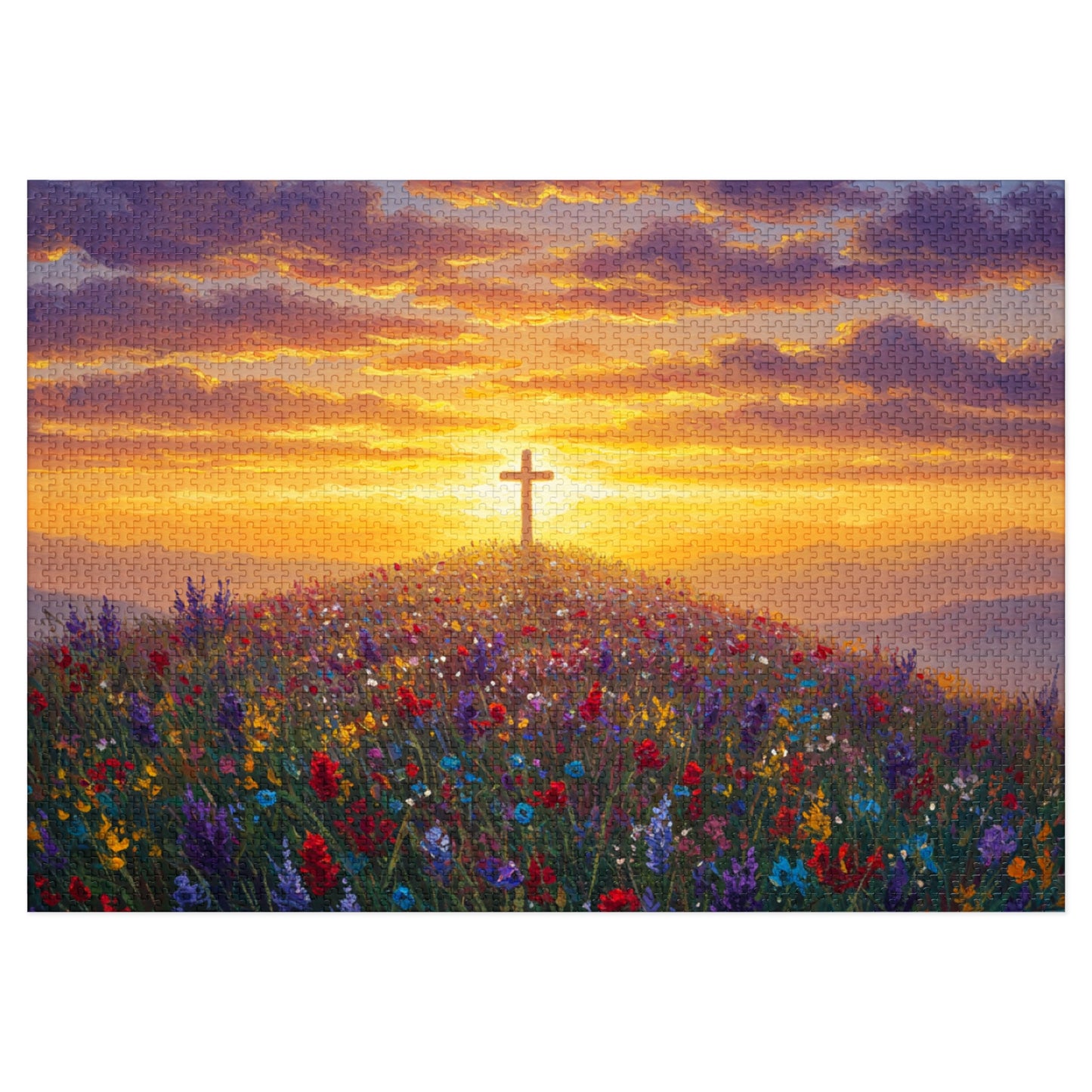 Jigsaw Puzzle: Cross on a Hill Monet Style Christian Game Cross Puzzle Inspirational Decor