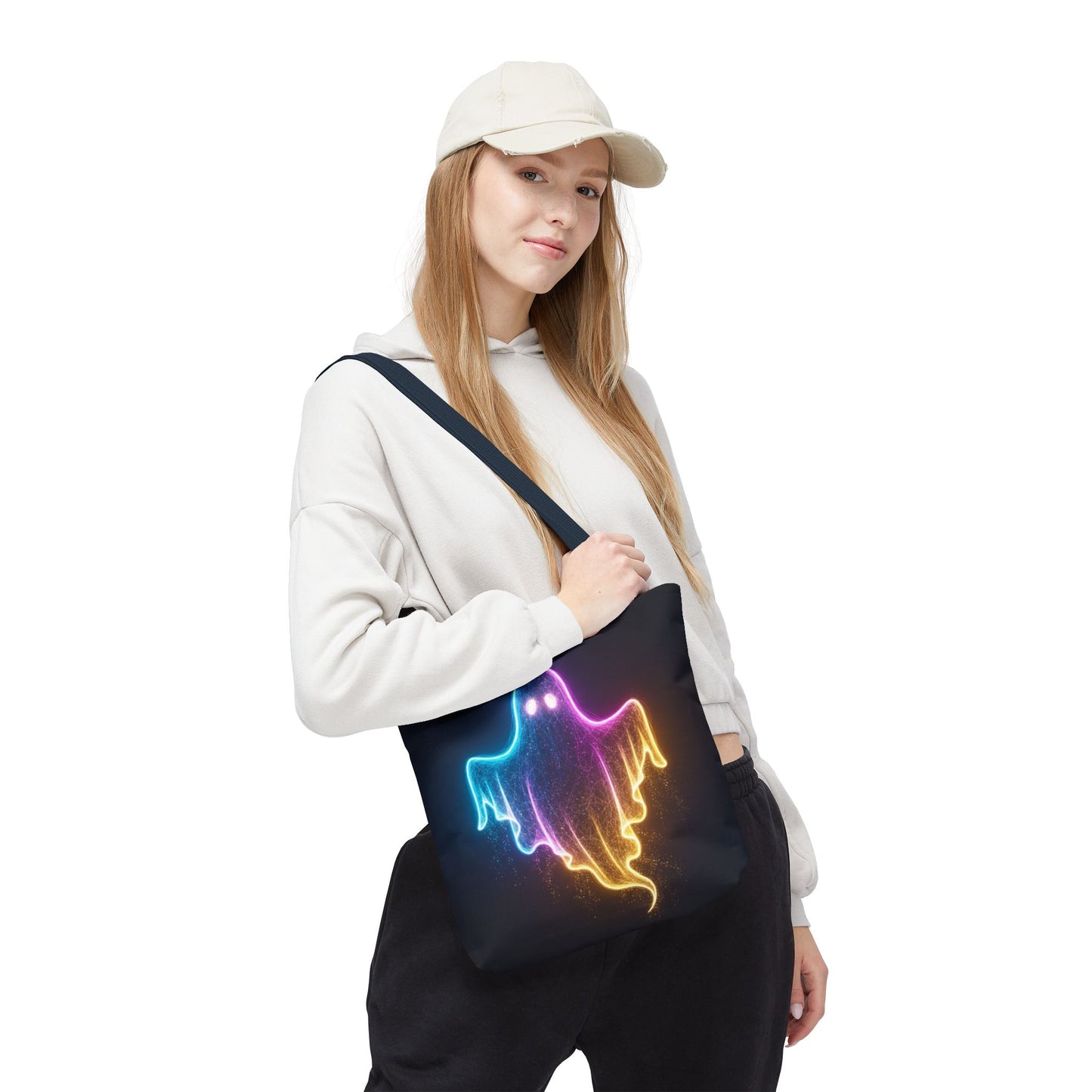 Neon Ghost Tote Bag - Bright Colorful Ghost Print Shoulder Tote, Spooky Cute Reusable Canvas Bag, Halloween Aesthetic Everyday Carry