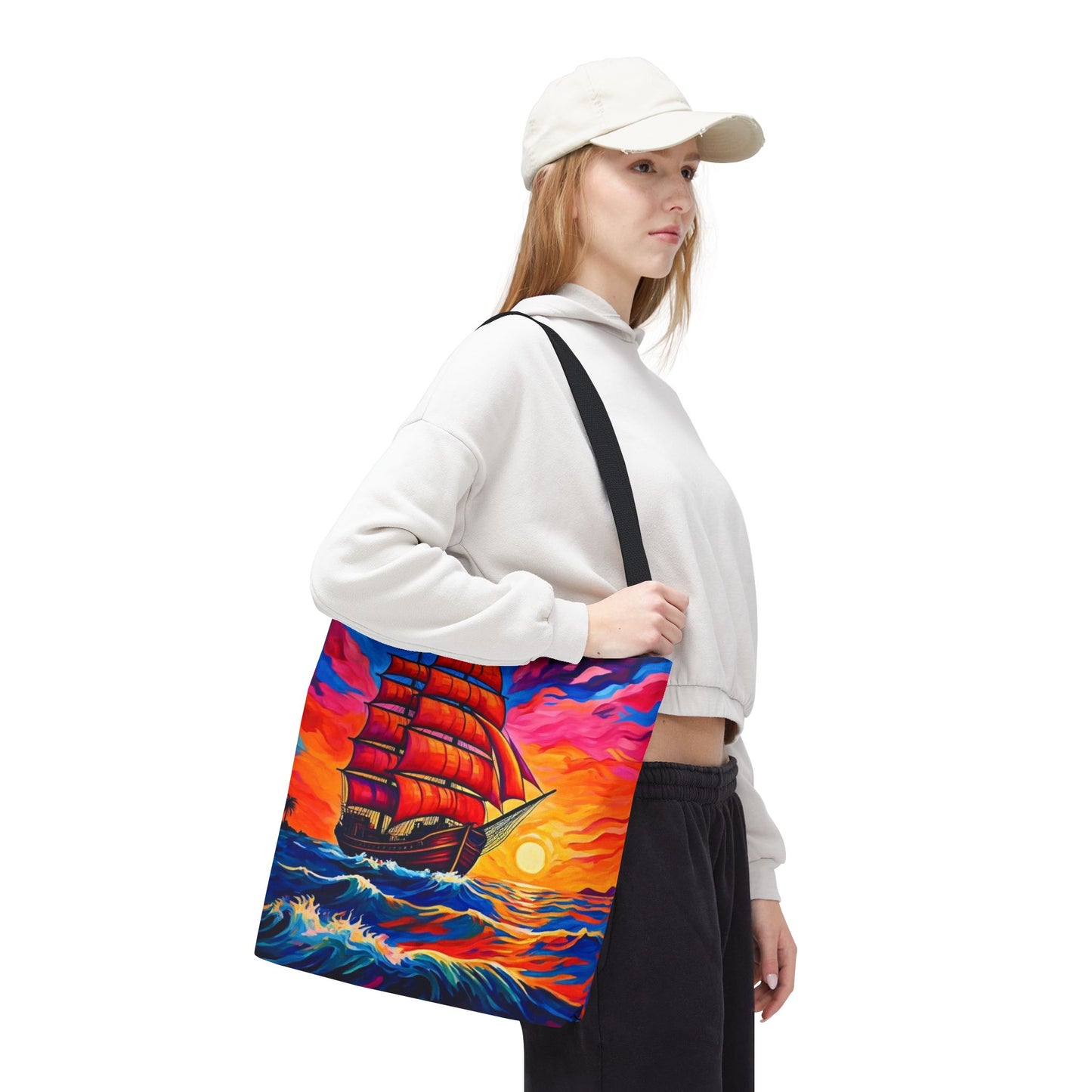 Crimson Voyage Tote Bag, Red Sailboat At Sunset Artistic Ocean Design, Nautical Reusable Tote For Beach, Travel, And Everyday Use