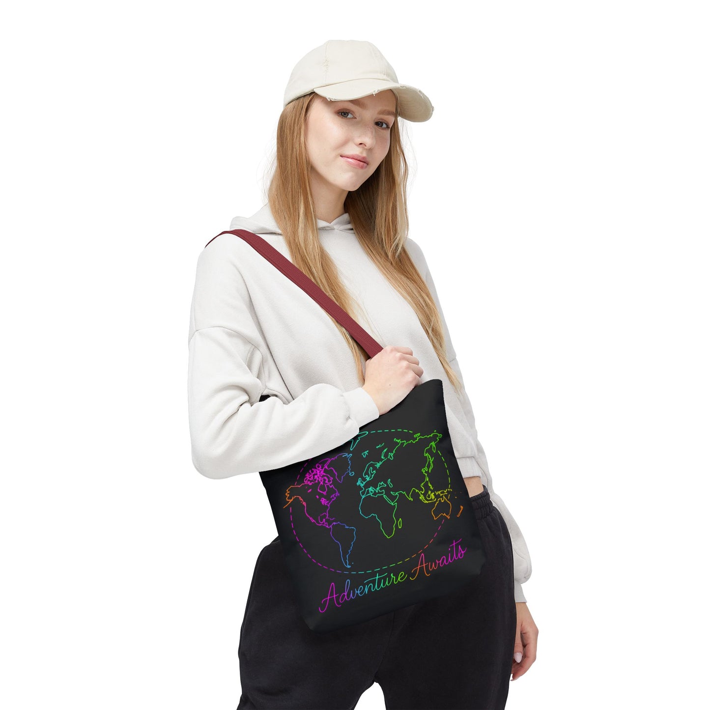 Adventure Awaits Neon Tote Bag - Y2K Rainbow World Map and Plane Travel Tote, Reusable Canvas Tote for Airport, Beach, Market + Gift