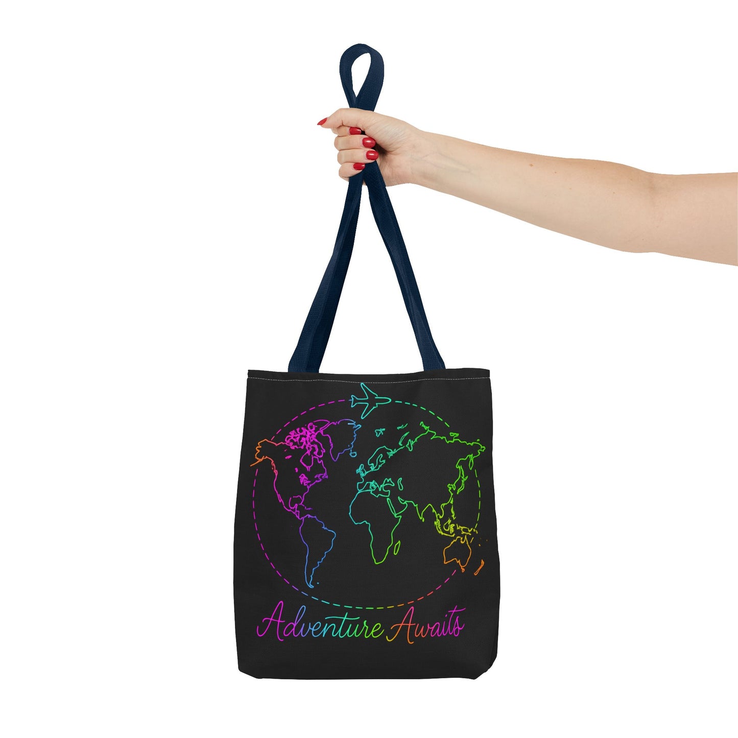 Adventure Awaits Neon Tote Bag - Y2K Rainbow World Map and Plane Travel Tote, Reusable Canvas Tote for Airport, Beach, Market + Gift
