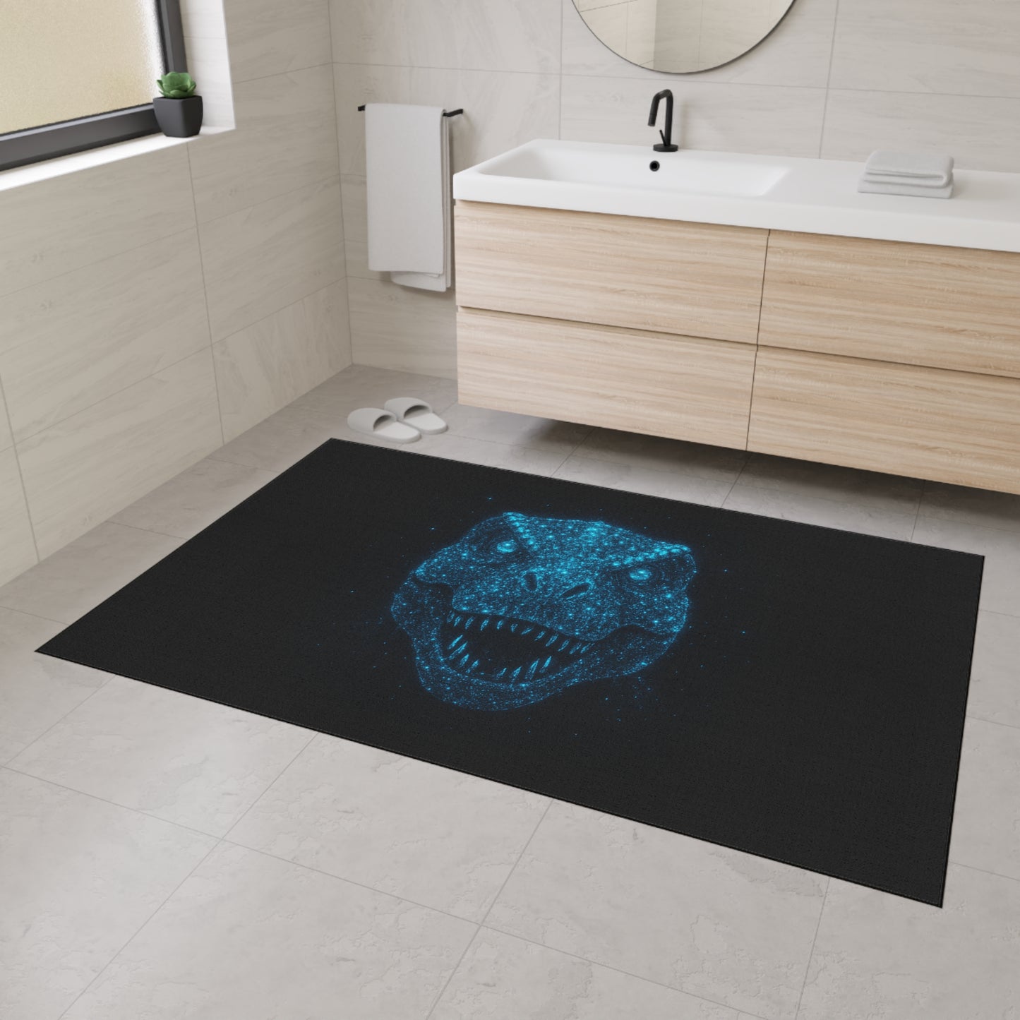 Bioluminescent-Style T-Rex Doormat – Neon Blue Dinosaur Skull Rug, Bold Dinosaur Door Mat, Non-Slip Entryway Rug, Unique Gift for Dino Lovers