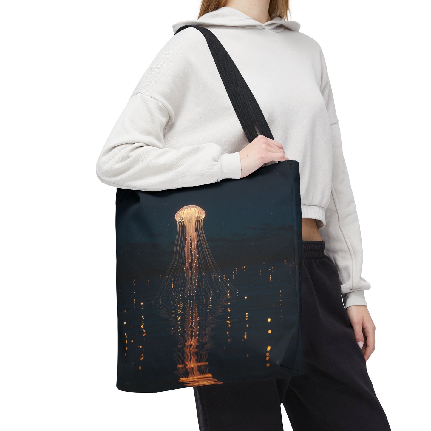 Luminous Jellyfish Tote Bag, Glow-Inspired Ocean Design Shoulder Bag, Durable Polyester Tote For Everyday Style, Gifts, And Coastal Fashion