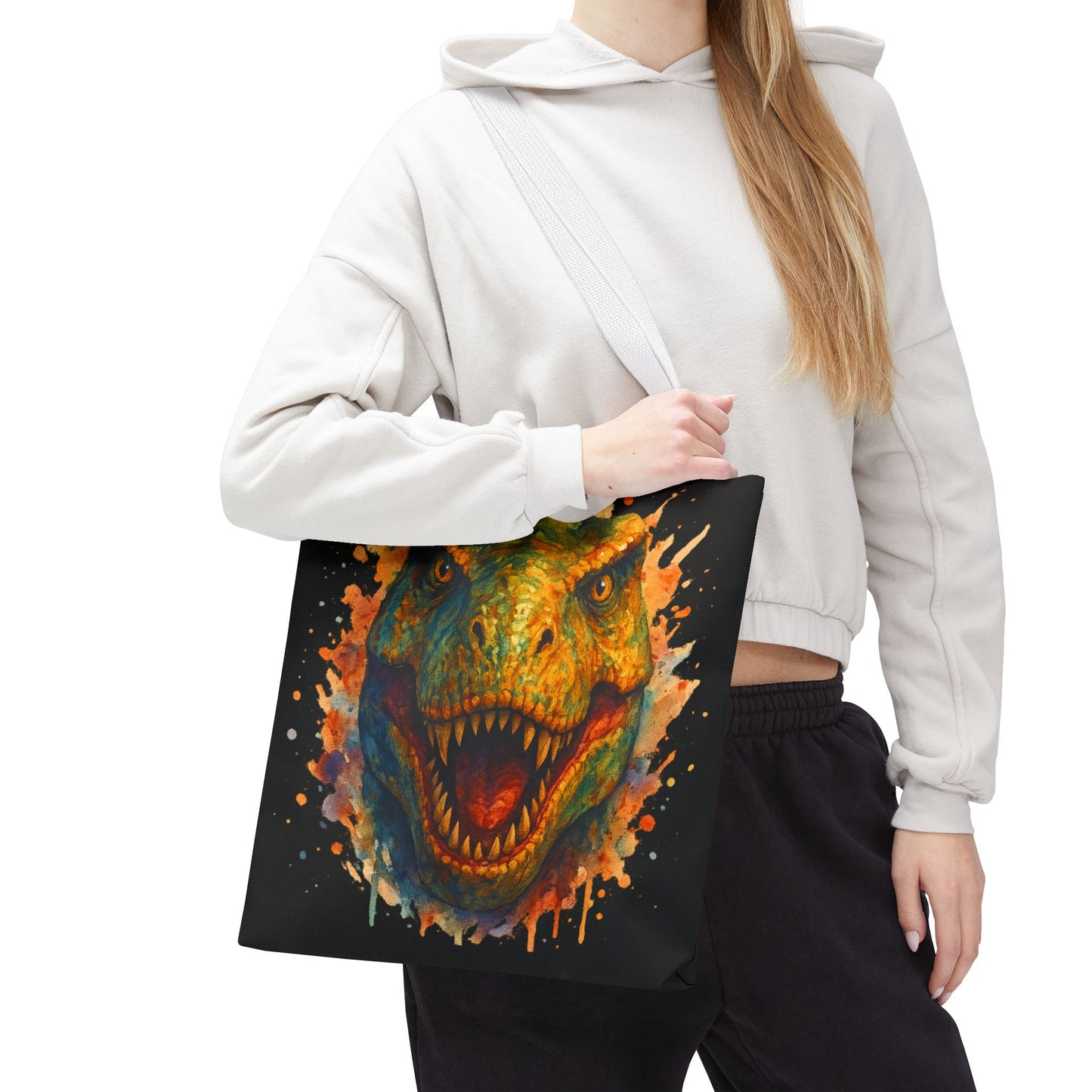 T-Rex Watercolor Tote Bag - 100% Polyester Canvas, Vibrant Dinosaur Art Bag, Reusable Beach-Market Tote, Dino Lover Gift, Bold Style