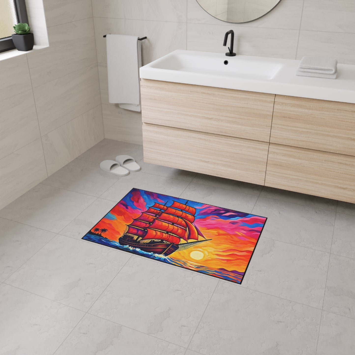 Floor Mat - Ship on Ocean at Sunset Painting