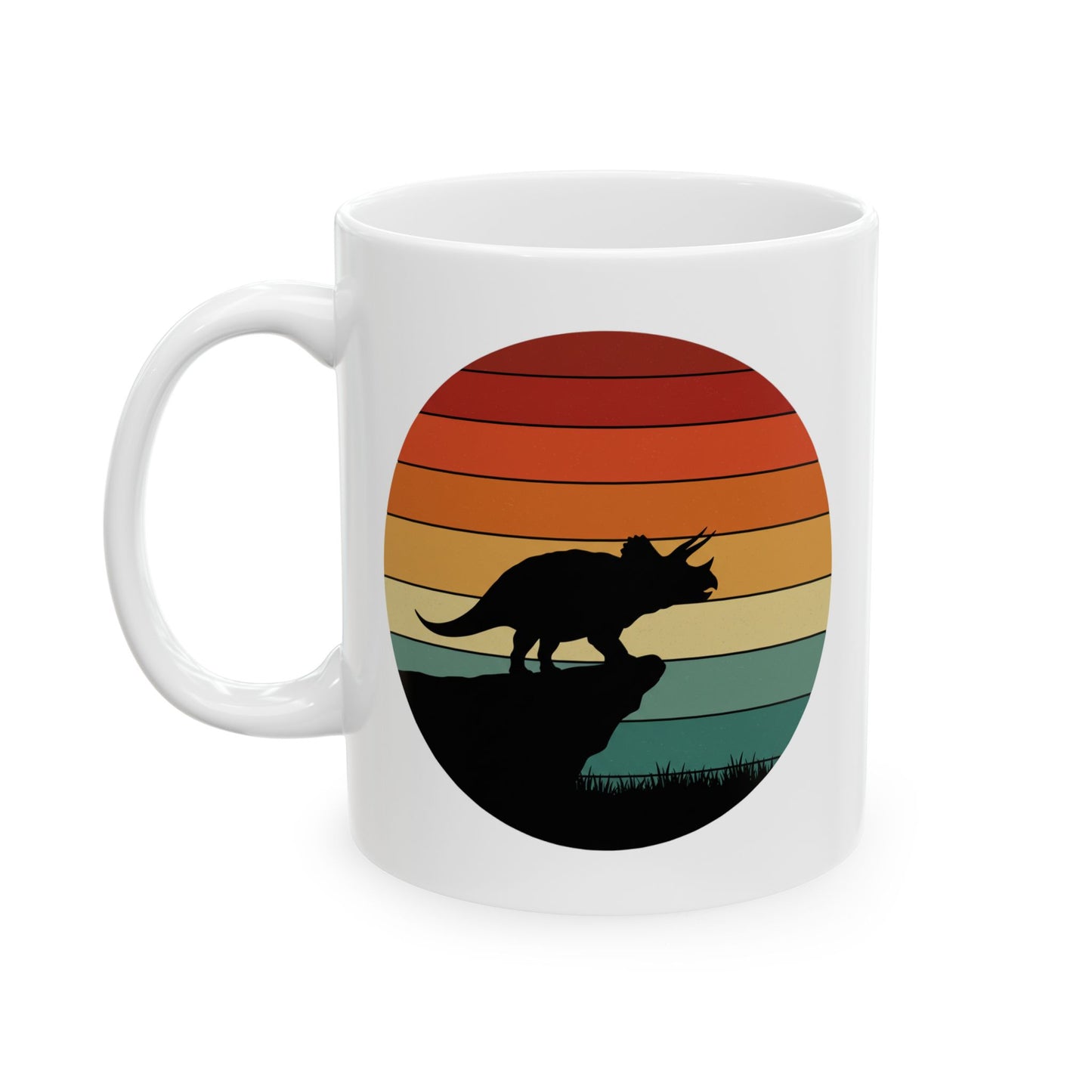 Dinosaur Sunset Mug - Triceratops Retro Coffee Cup - 80s Vintage Dino Mug Gift - Prehistoric Art Mug - Funny Dino Lover Gift 11oz or 15oz