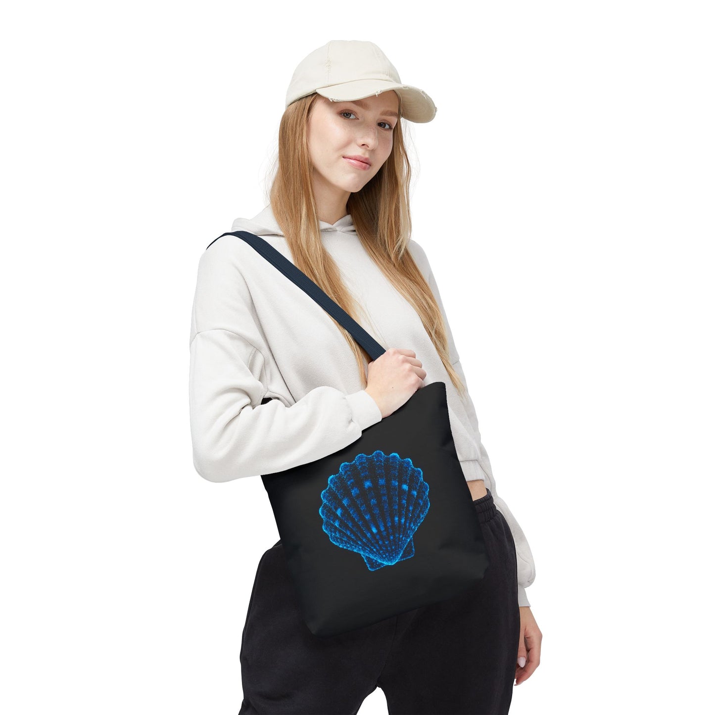Neon Blue Shell Tote Bag – Digital Scallop Design Canvas Tote, Ocean Tech Art, Minimalist Beach Statement, Reusable Black Shopper Bag