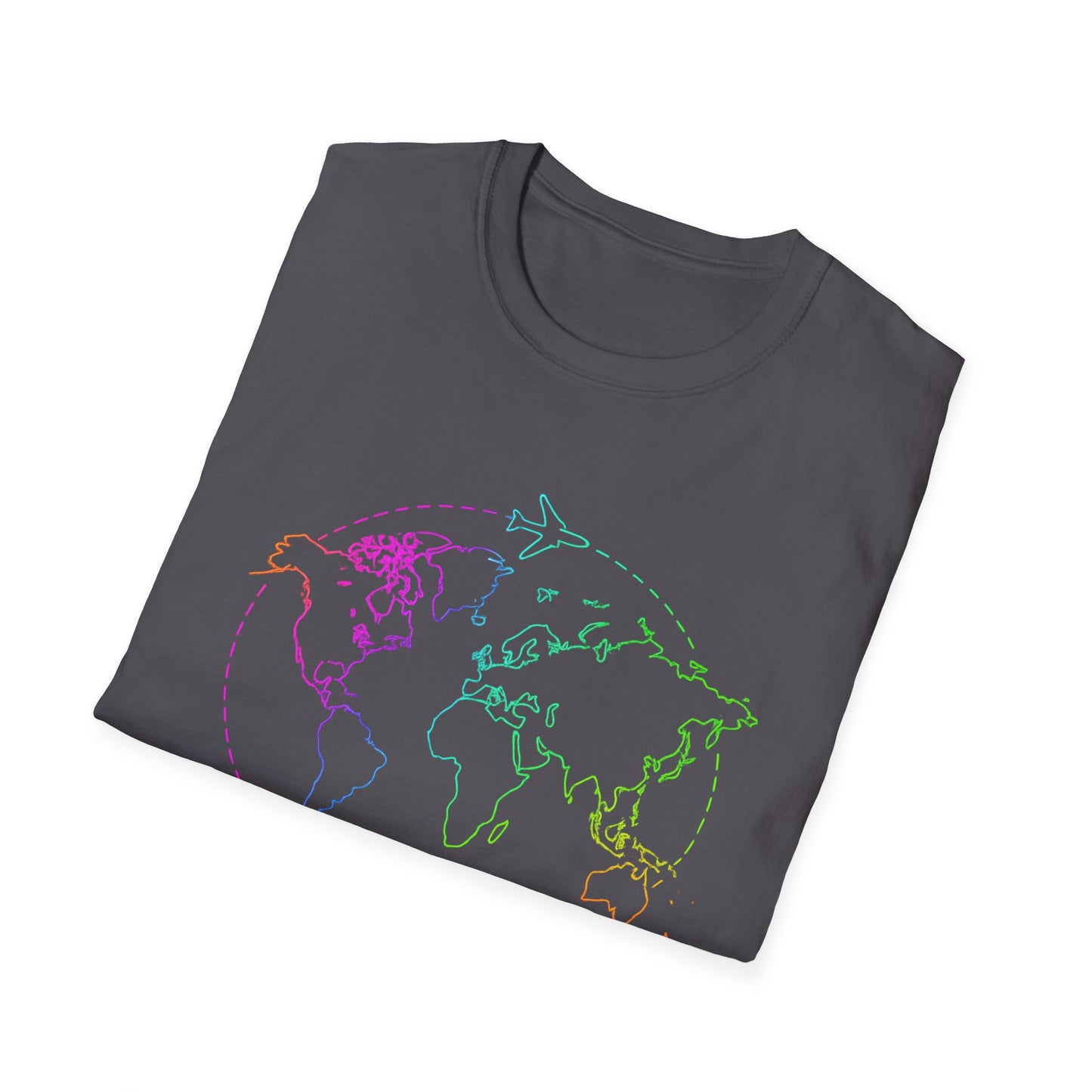 Adventure Awaits Neon Y2K Shirt - Retro Travel Tee, Rainbow Globe Graphic, Aesthetic Vacation Top, Y2K Gift for Travelers