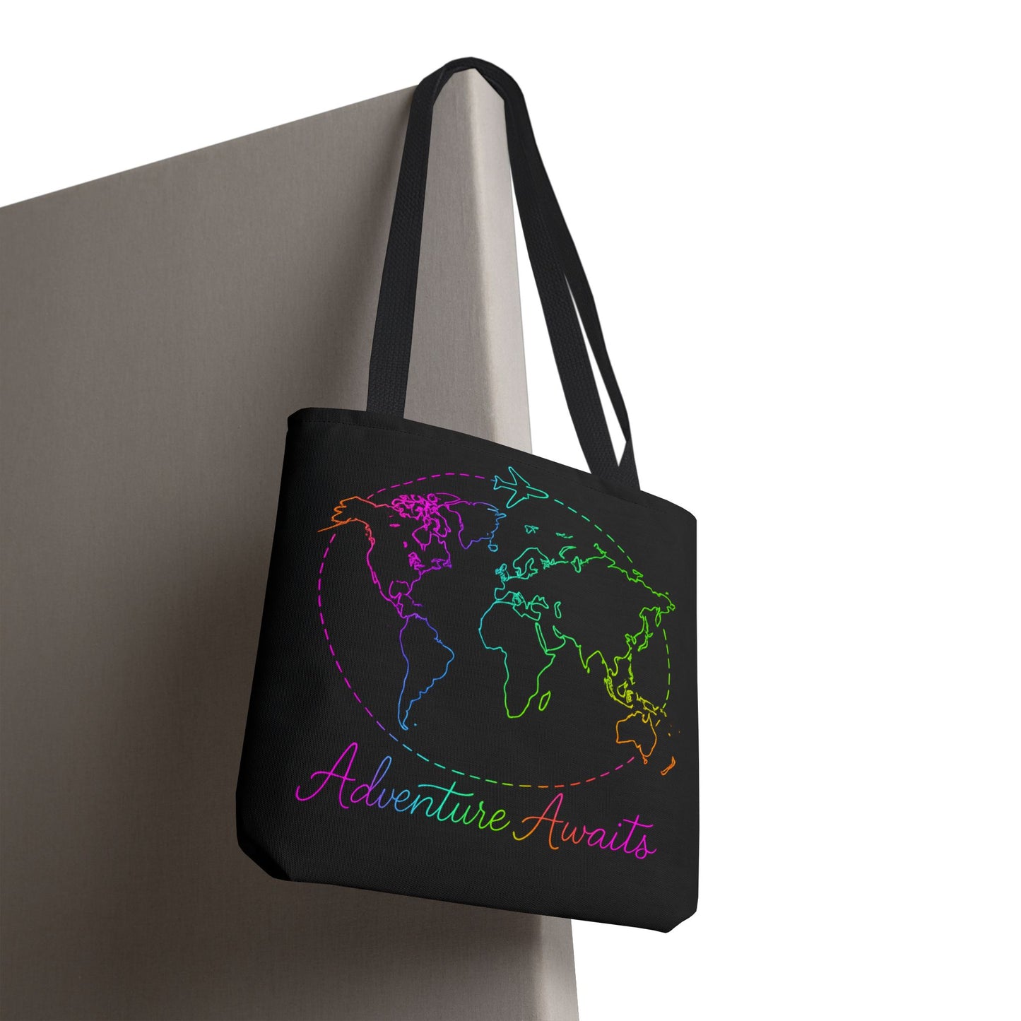 Adventure Awaits Neon Tote Bag - Y2K Rainbow World Map and Plane Travel Tote, Reusable Canvas Tote for Airport, Beach, Market + Gift