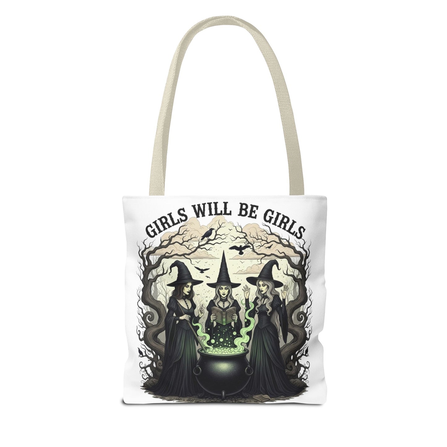 Girls Will Be Girls Halloween Tote Bag, Witchy Aesthetic Bag, Gothic Witches Cauldron Art, Spooky Gift, Reusable Eco Tote For Halloween Lovers